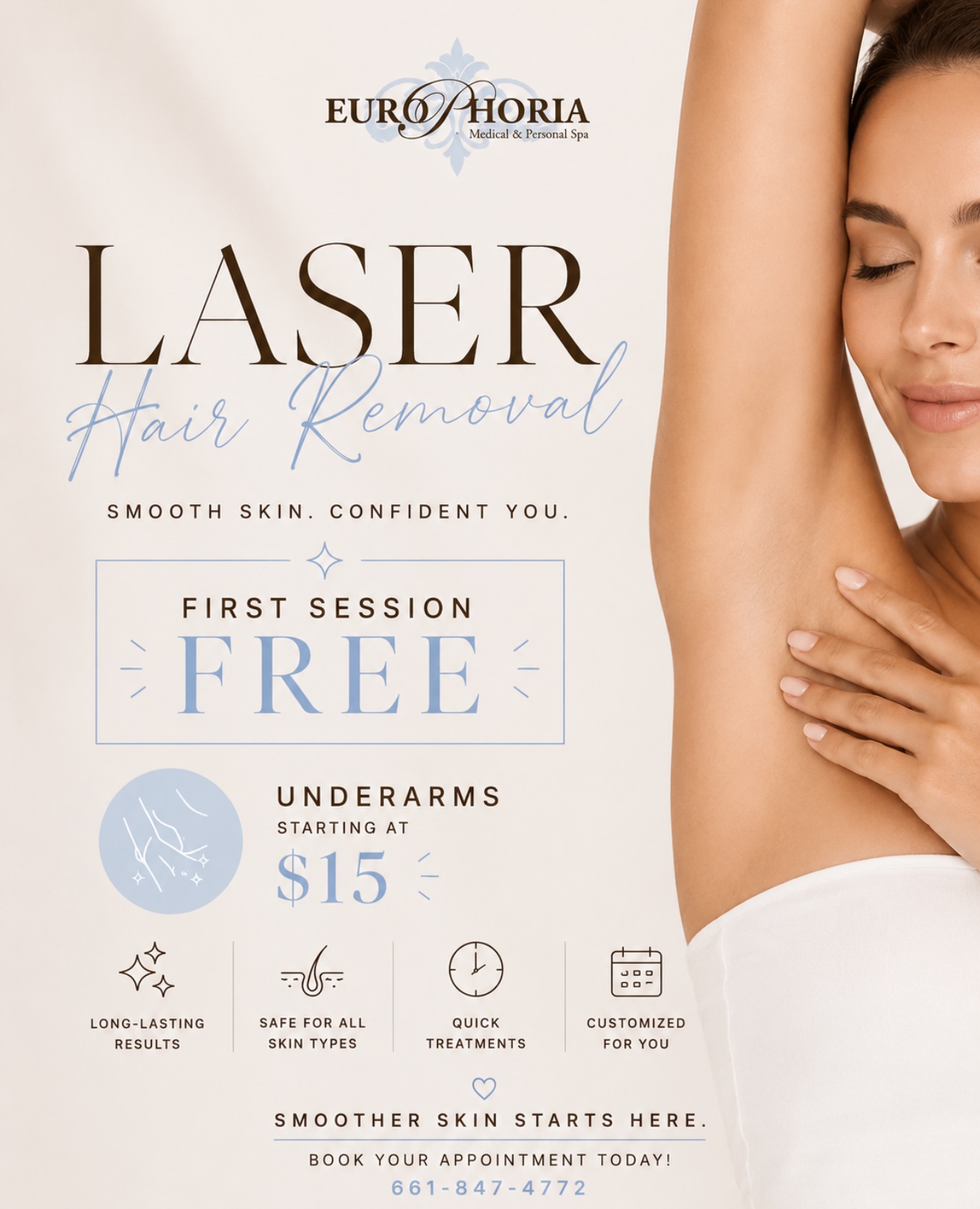EuroPhoria Medical & Personal Spa Facebook ad: Say goodbye to shaving, razor burn, ingrown hairs…