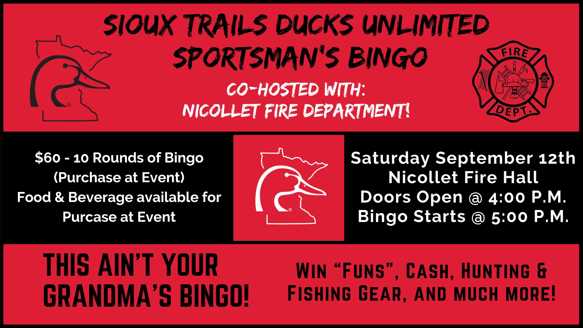 Southern Minnesota Ducks Unlimited Facebook ad: DU Sportsman's Bingo with Nicollet FD!