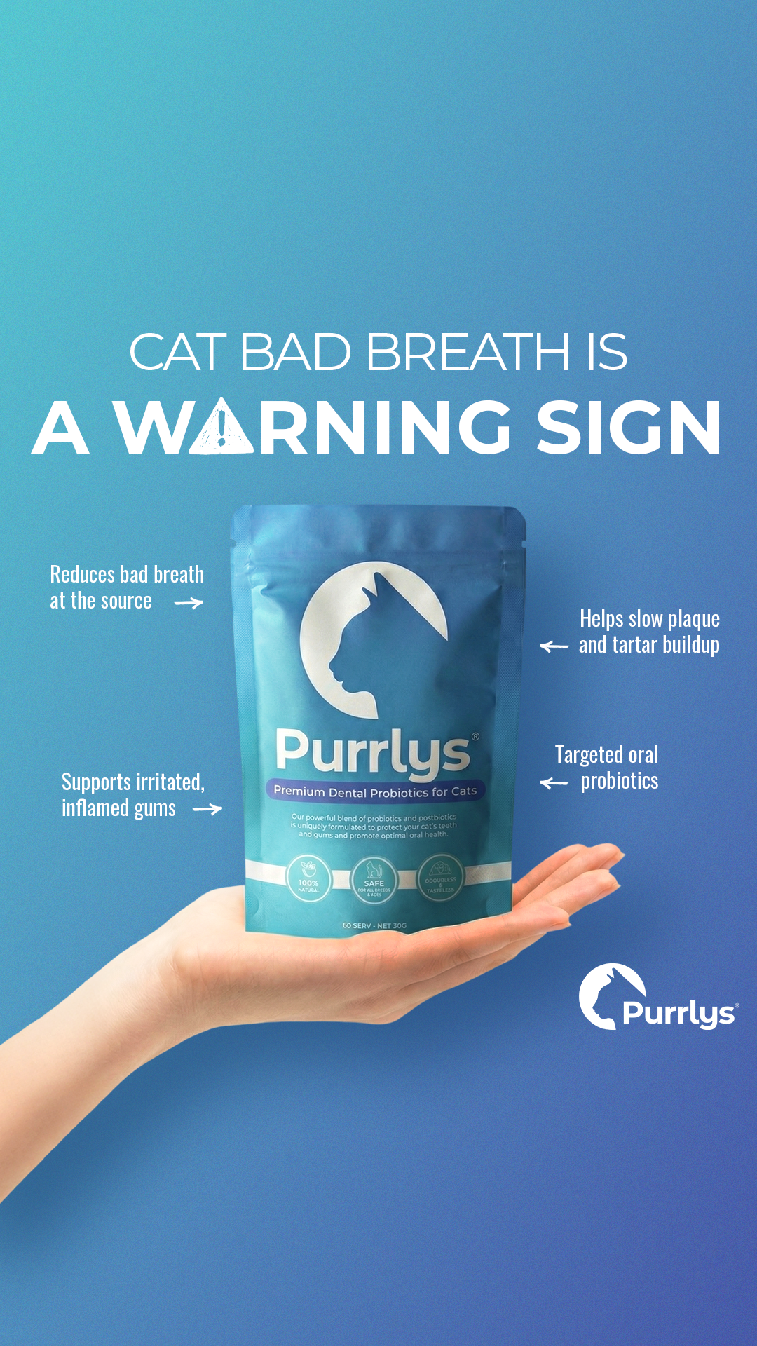 Purrlys Facebook ad: Cat bad breath means mouth issues