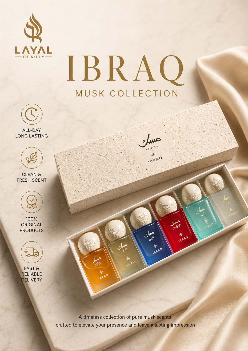 Layal beauty Facebook ad: YOUR FAVORITE MUSK COLLECTION, IN MINI SIZE