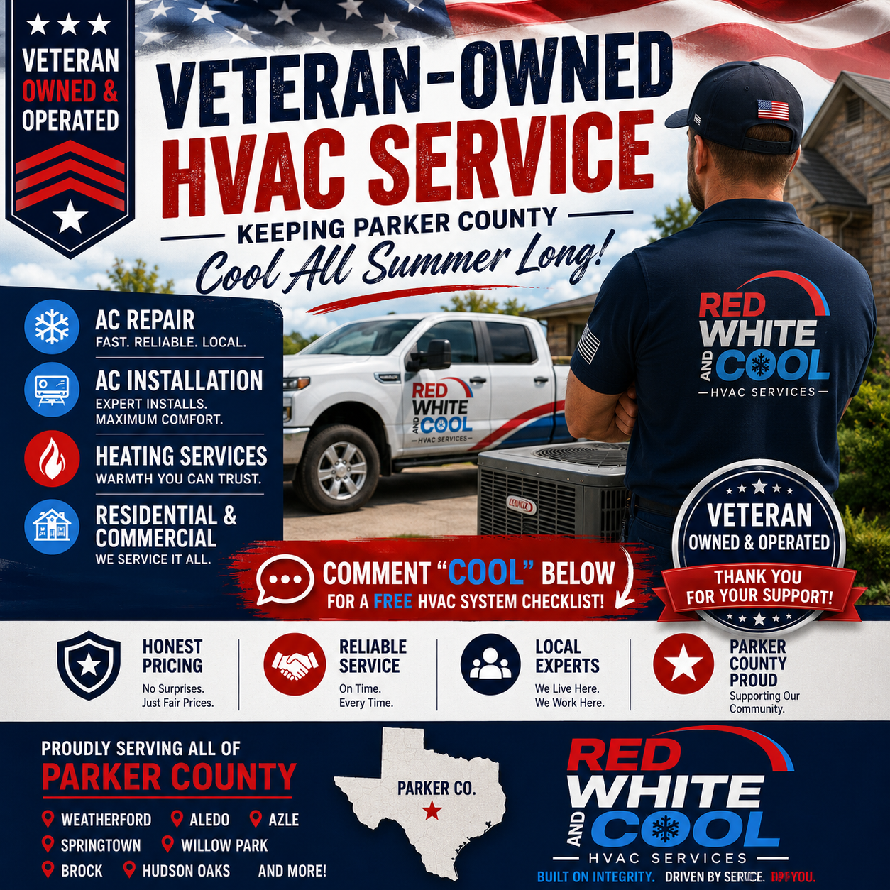 Red White & Cool Heating & Air Facebook ad: Parker County, we're here to keep you cool…