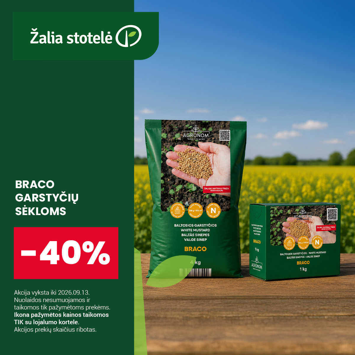 Žaliastotelė.lt Facebook ad: BRACO garstyčių sėkloms -40%
