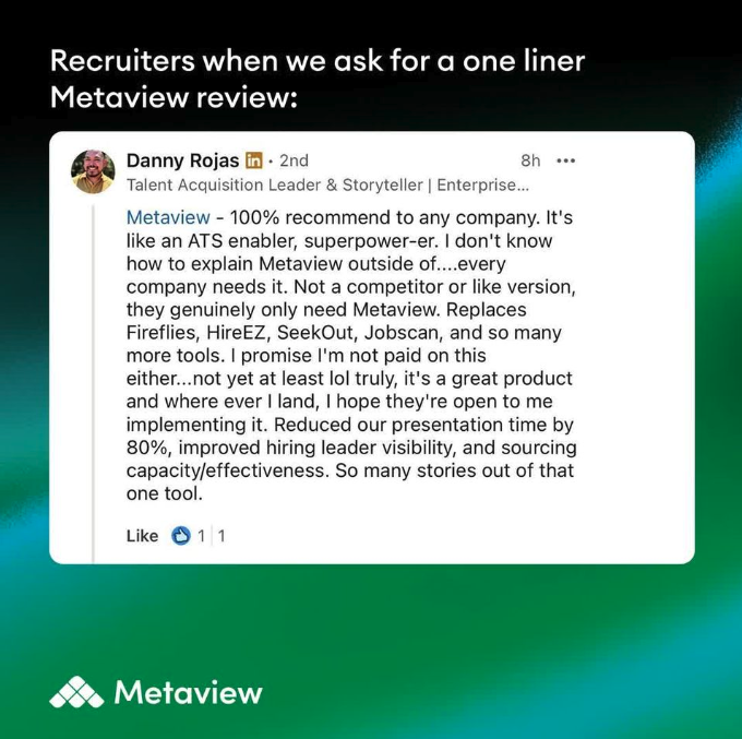 Metaview Facebook ad: See why recruiters recommend Metaview.