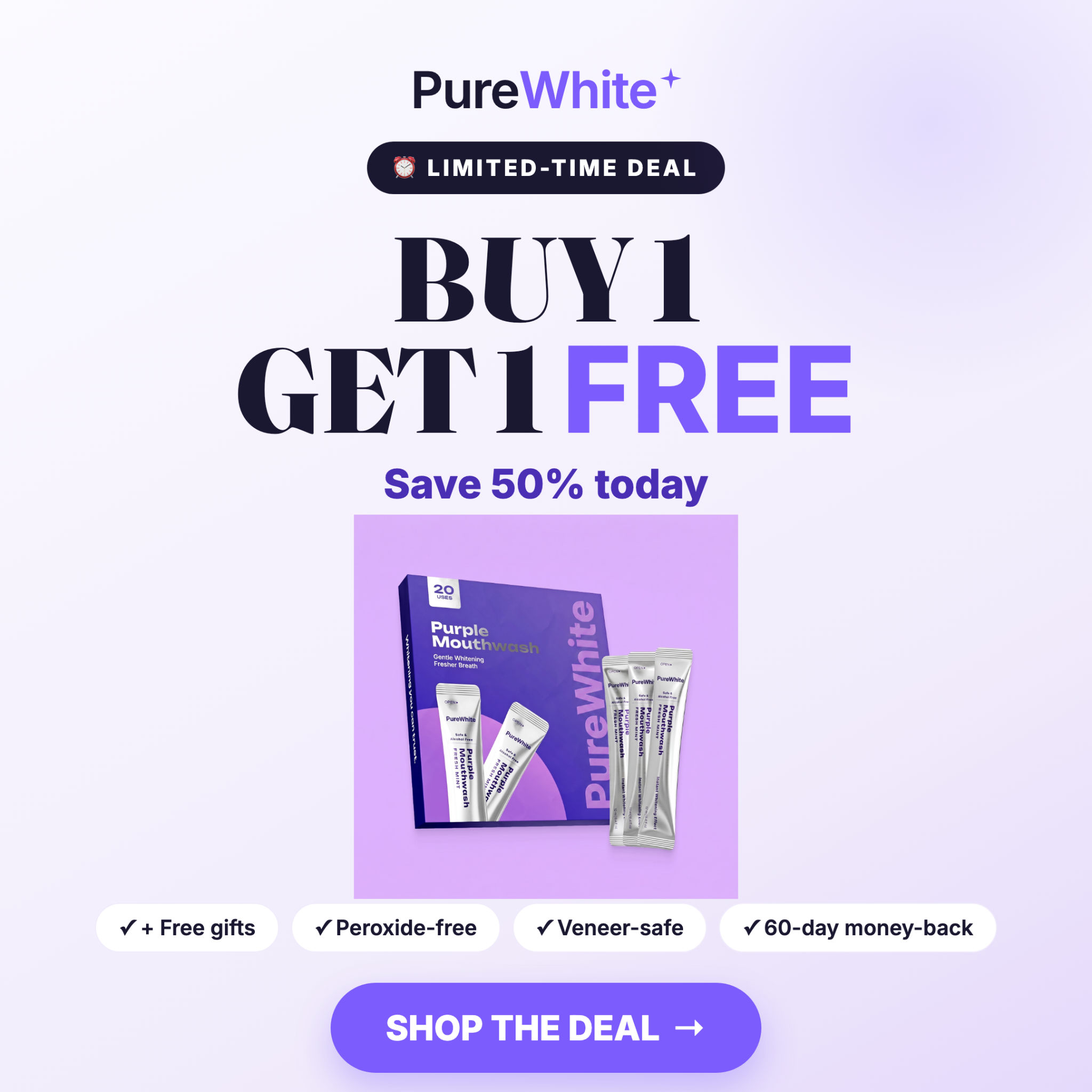 PureWhite Facebook ad: Yellow Teeth? Fix It In 30 Seconds
