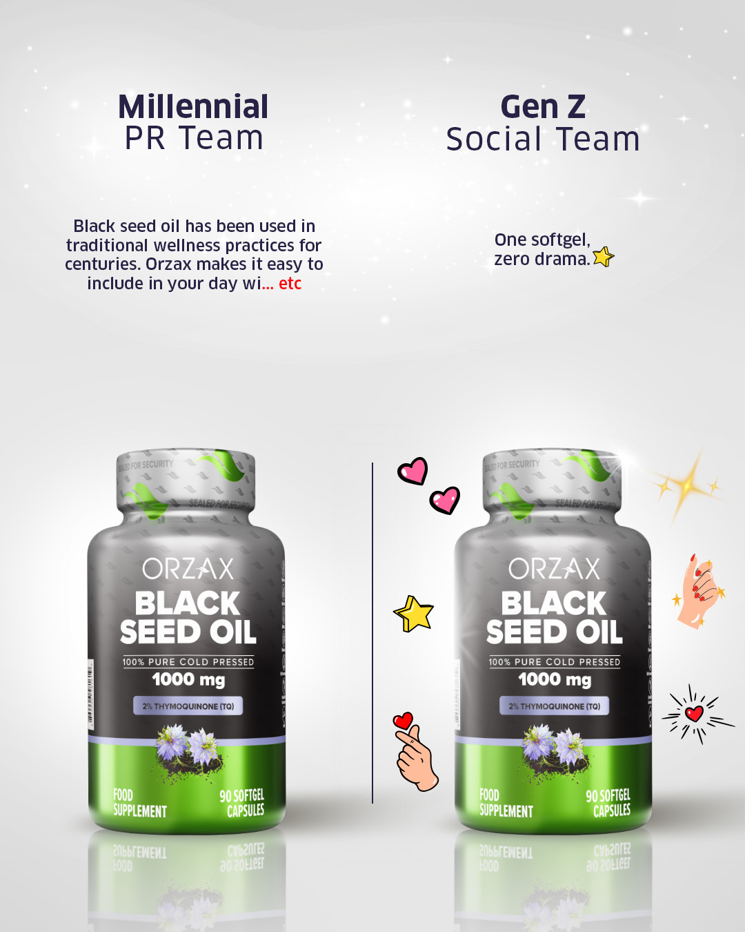 Orzax UK Facebook ad: Different language, same glow.