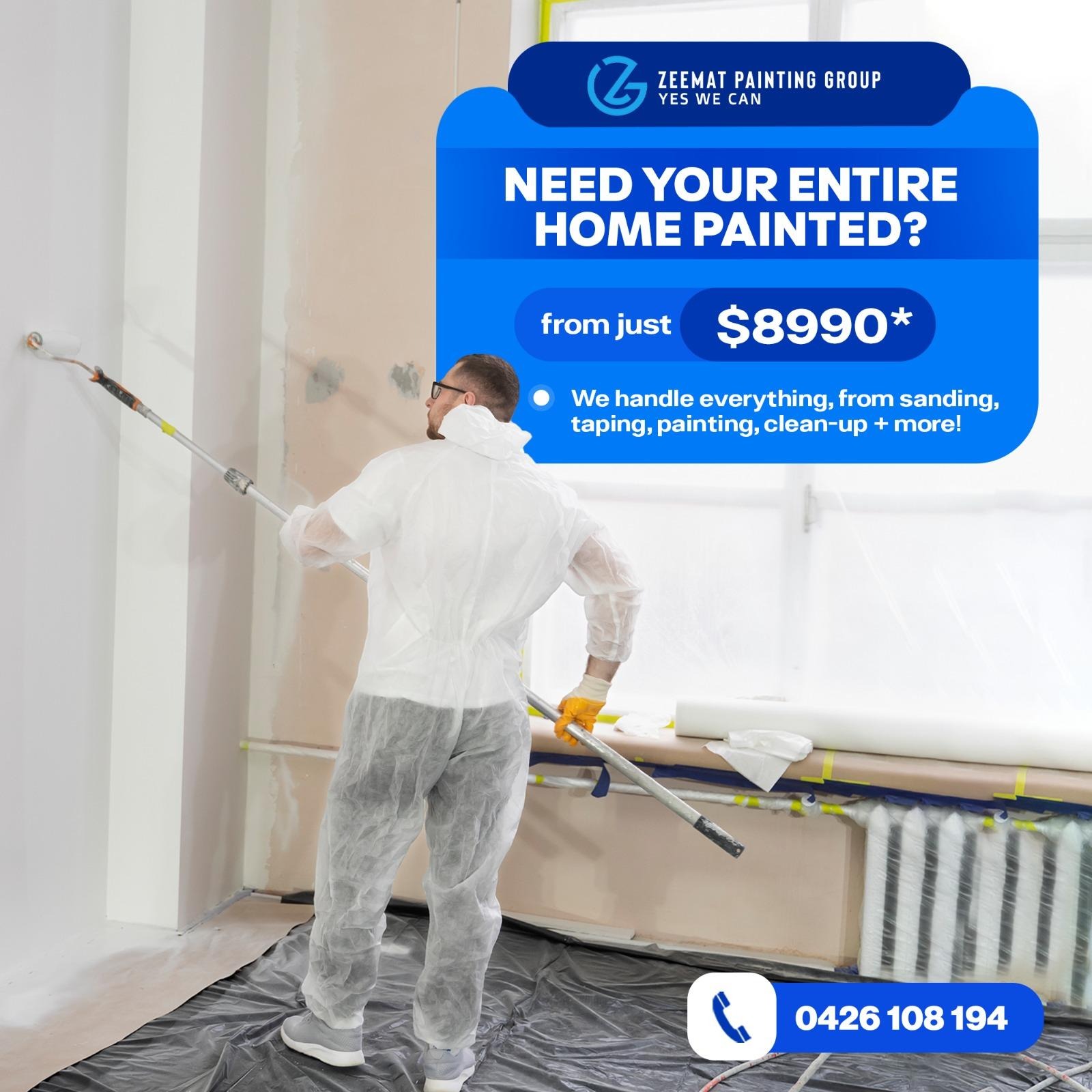 Zeemat Painting Group Facebook ad: Get Your Home Interior + Exterior Painted From Just $8990*!