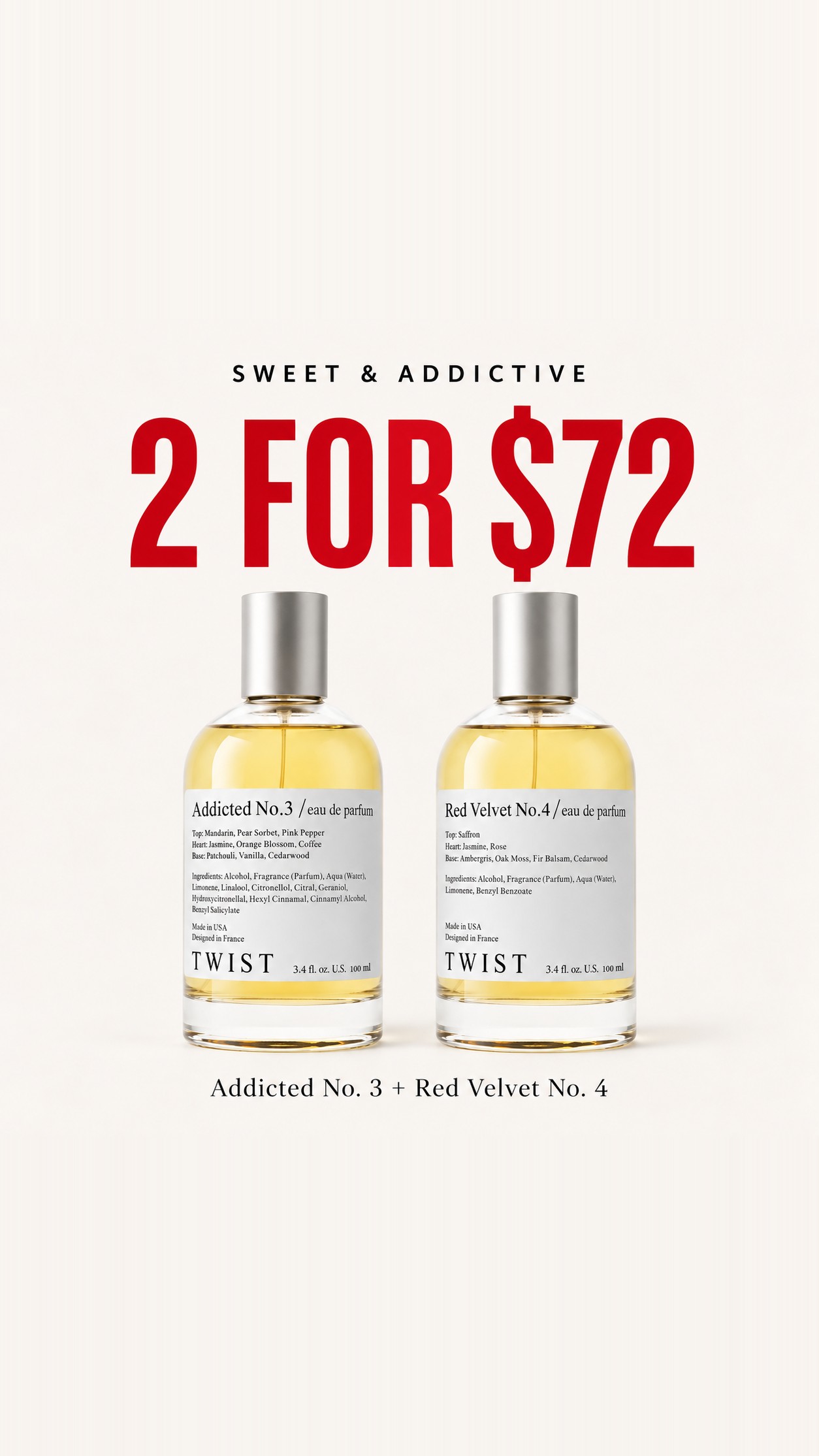 Twist Perfumes Facebook ad: 2 Designer-Inspired Scents for $72