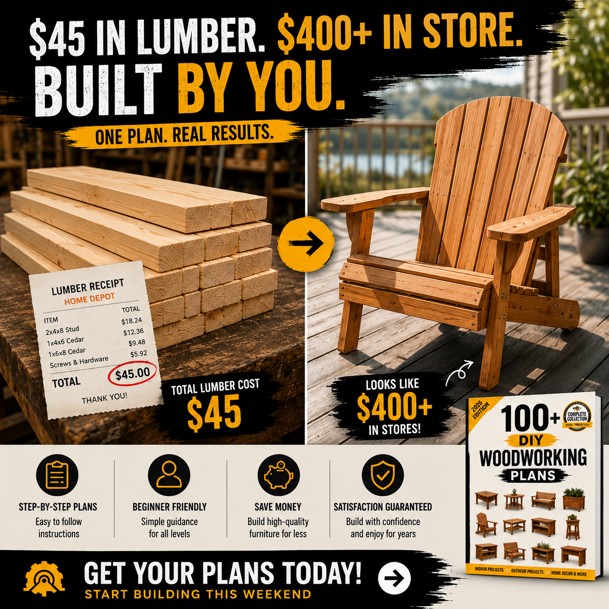 Diy Plans Vault Facebook ad: Turn $45 in Lumber Into a $400+ Chair