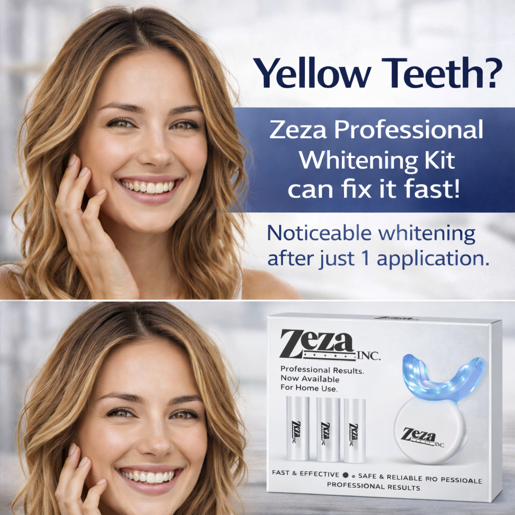 Zeza, Inc Facebook ad: Yellow Teeth? Fix them fast with the whitening…