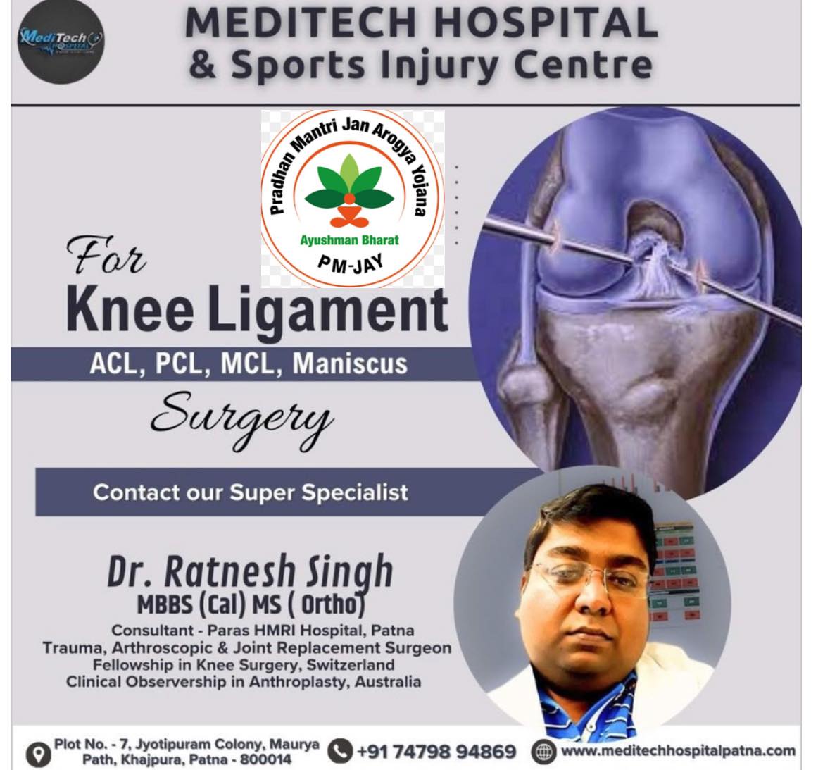 Meditech Hospital & Sports Injury Centre Facebook ad: We are now empanelled with Ayushmaan Bharat scheme.