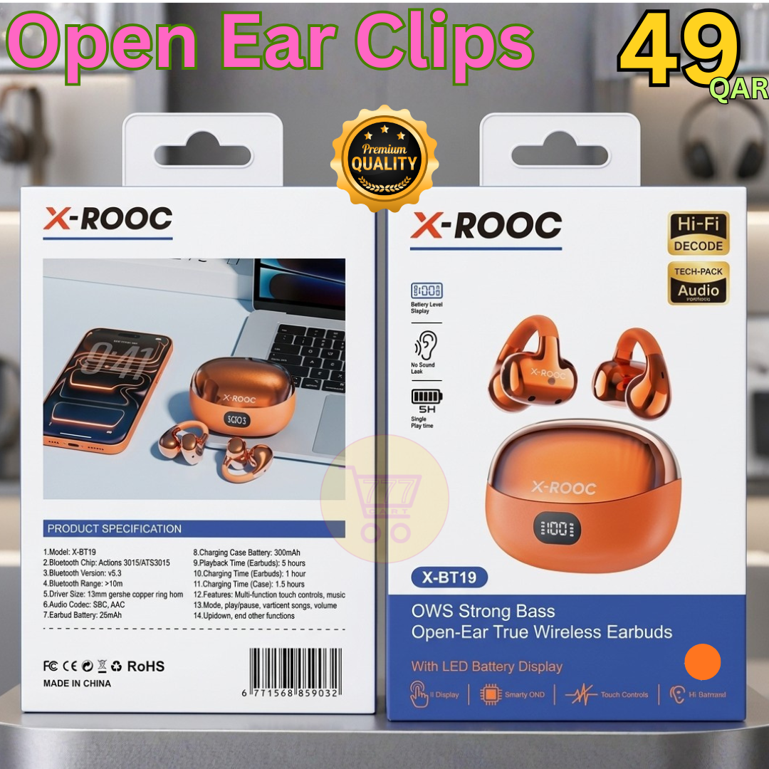 777 Cart Facebook ad: High Quality Open-Ear Wireless Earbuds, Only 49 QAR!