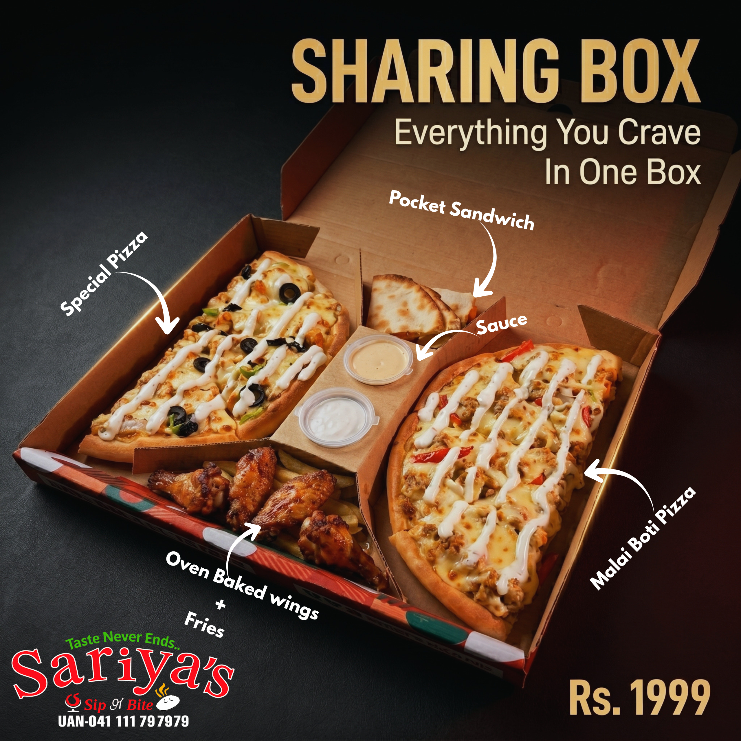 Sariya's Sip n Bite Facebook ad: One box. Unlimited cravings