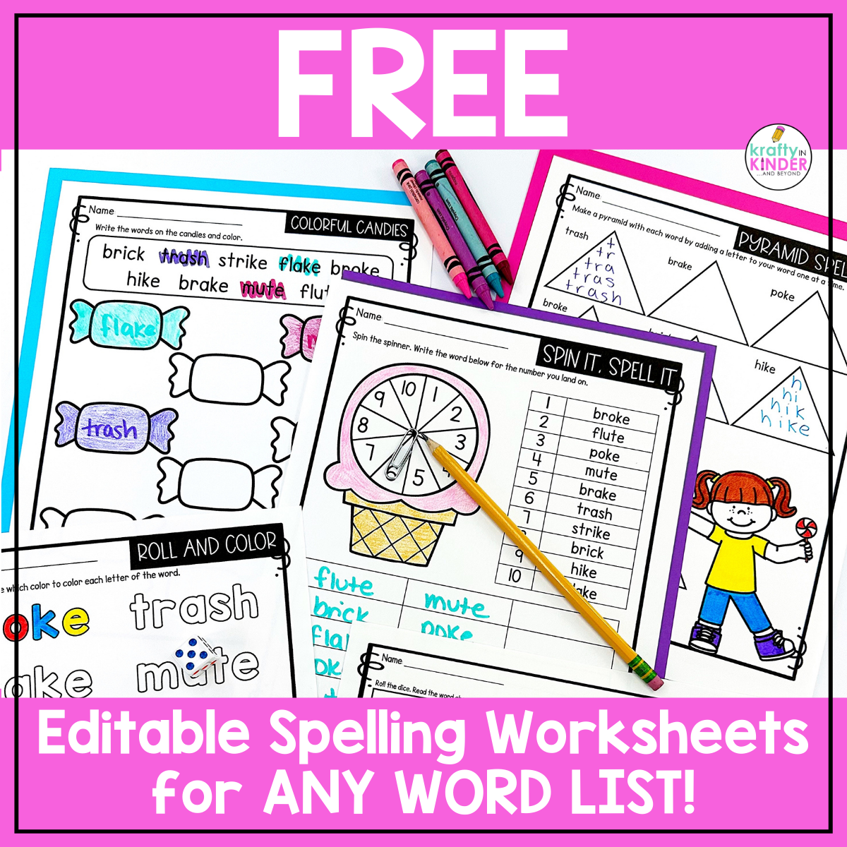 Krafty In Kinder Facebook ad: Get 20 FREE Editable Spelling Worksheets!