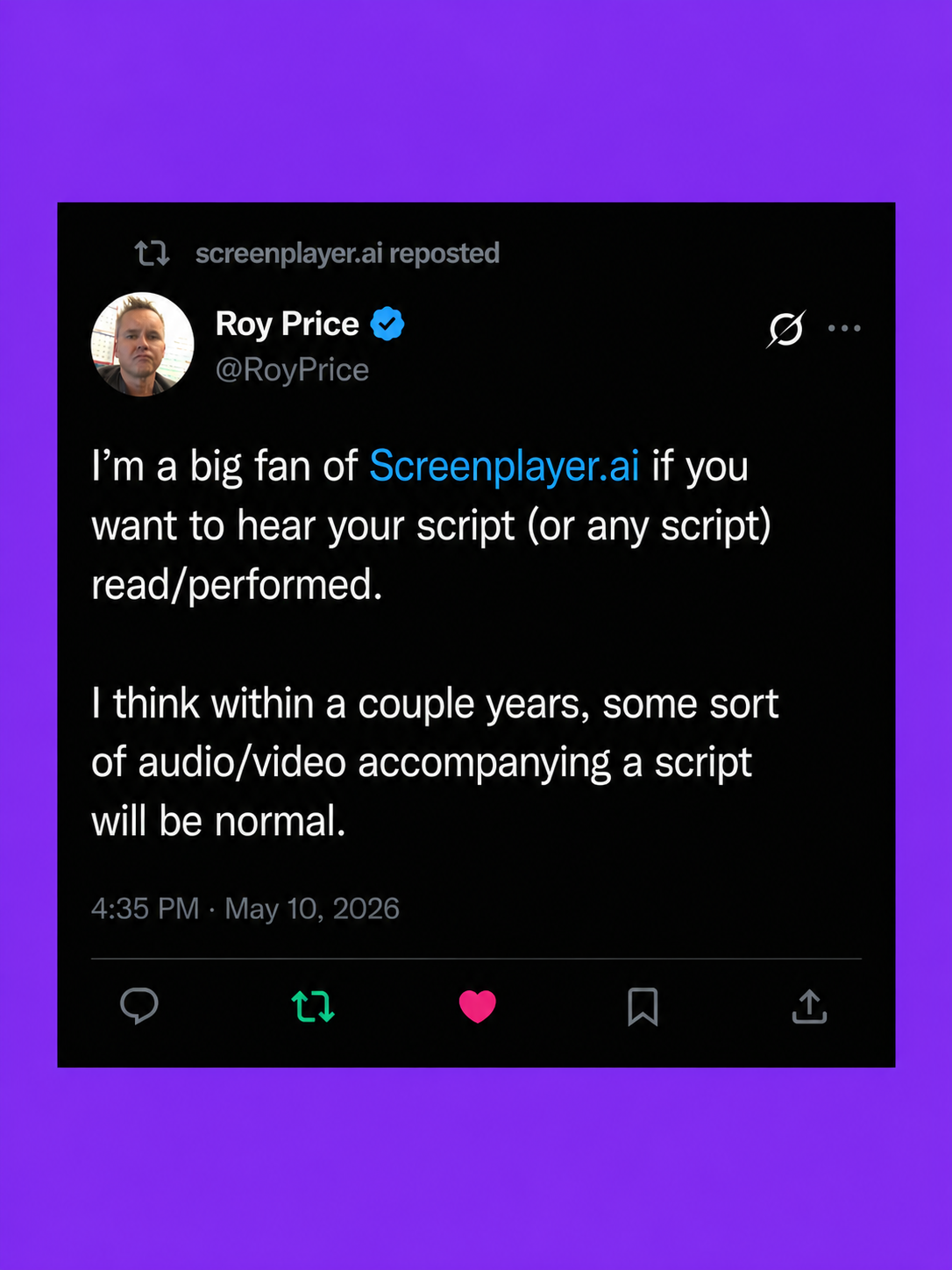 Screenplayer Facebook ad: Listen to any screenplay, in minutes.
