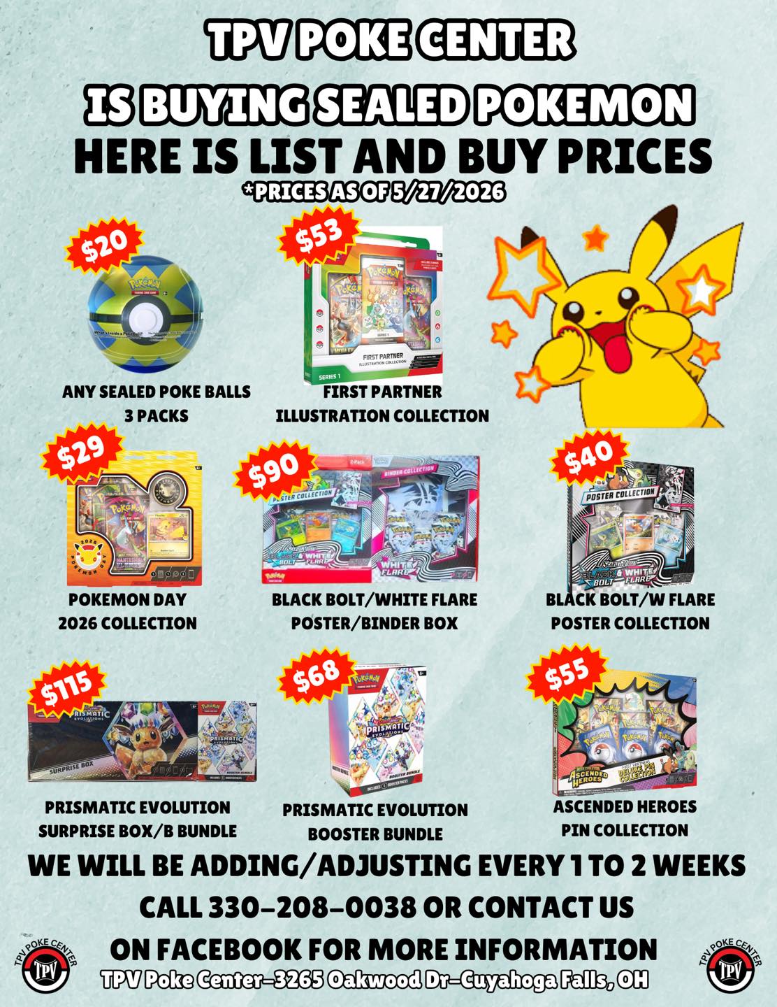 TPV Poké Center Facebook ad: **TPV POKE CENTER BUY LIST FOR MAY 27TH…