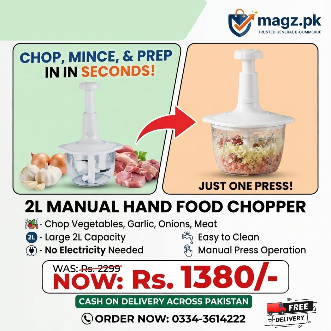 magz.pk Facebook ad: 2L Manual Hand Food Chopper, Vegetable & Meat Mincer |…
