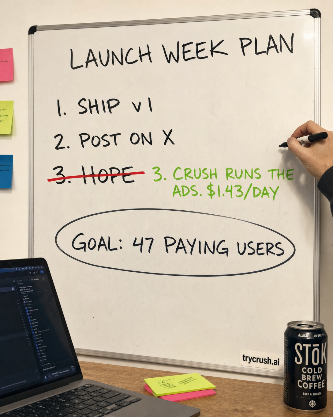 trycrush.ai Facebook ad: Ship. Post. Let Crush run the ads.
