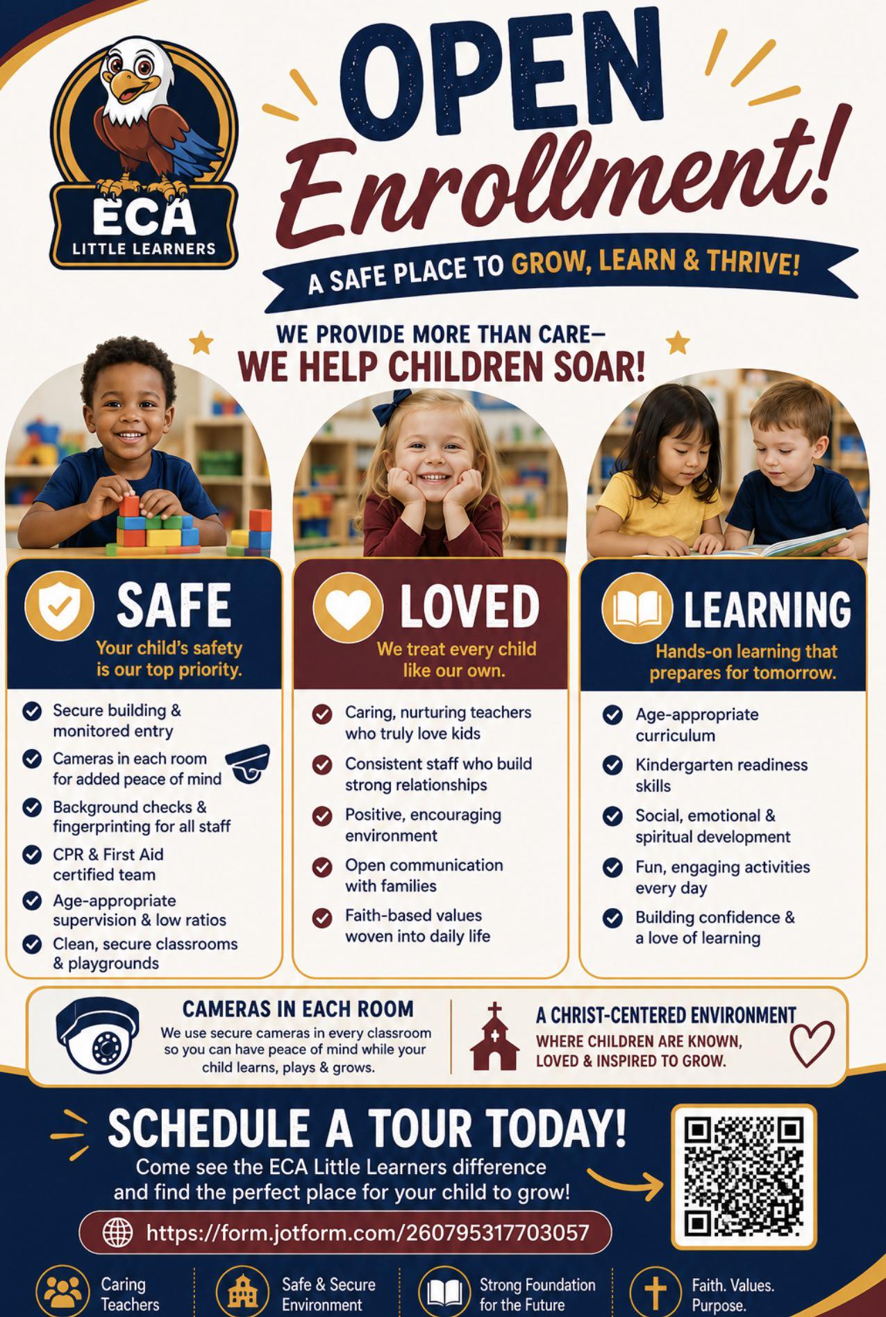 ECA Little Learners; a registered childcare ministry Facebook ad: NOW ENROLLING at ECA Little Learners!