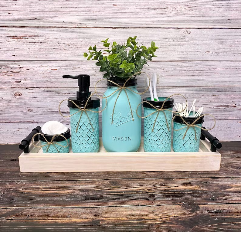Amanda Day Facebook ad: Farmhouse Bathroom Decor Set: Painted Mason Jars
