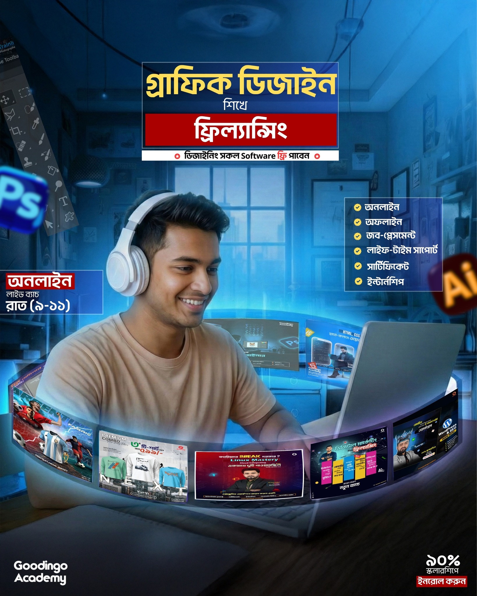 Goodingo Academy Facebook ad: গ্রাফিক ডিজাইনের জগতে পা রাখুন এক কোর্সেই, ফটোশপ…