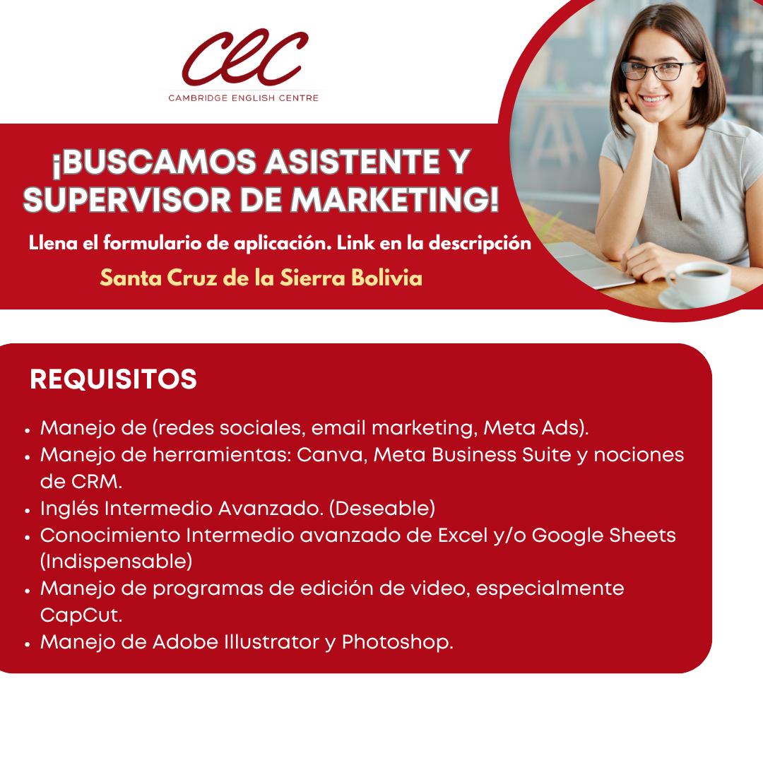 Cambridge English Centre Facebook ad: ¡BUSCAMOS ASISTENTE Y SUPERVISOR DE MARKETING!