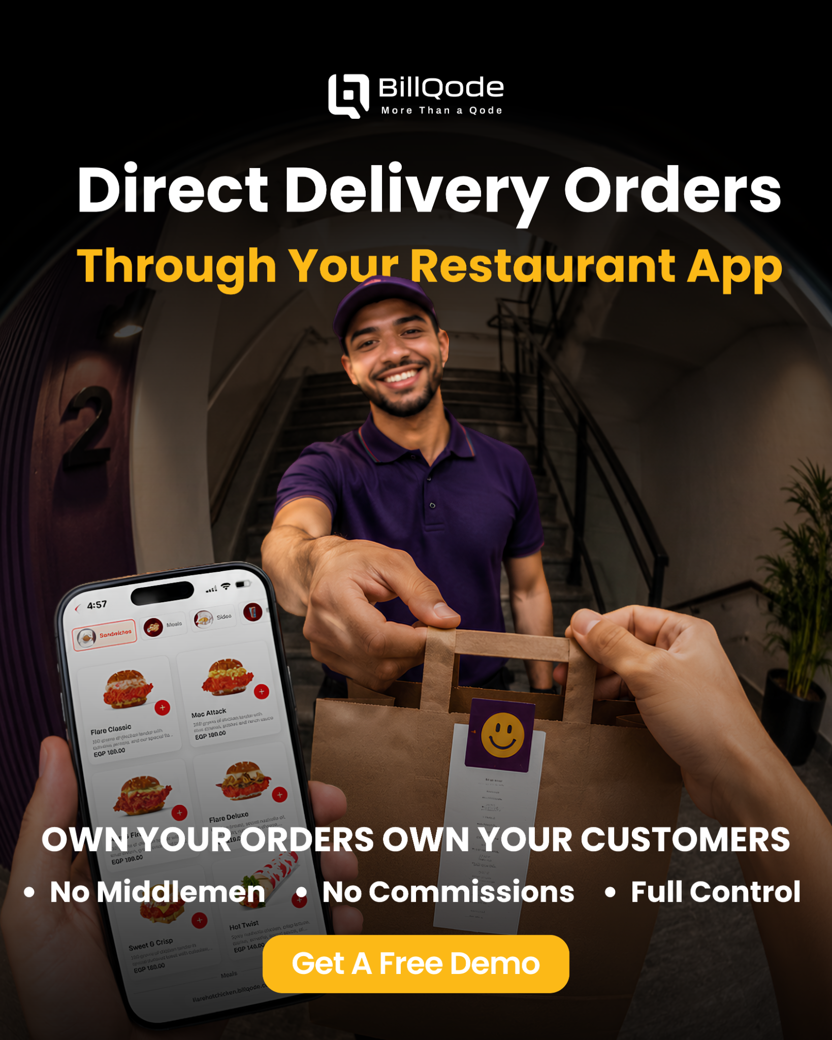 BillQode Facebook ad: Direct Delivery Orders Through Your Restaurant App
