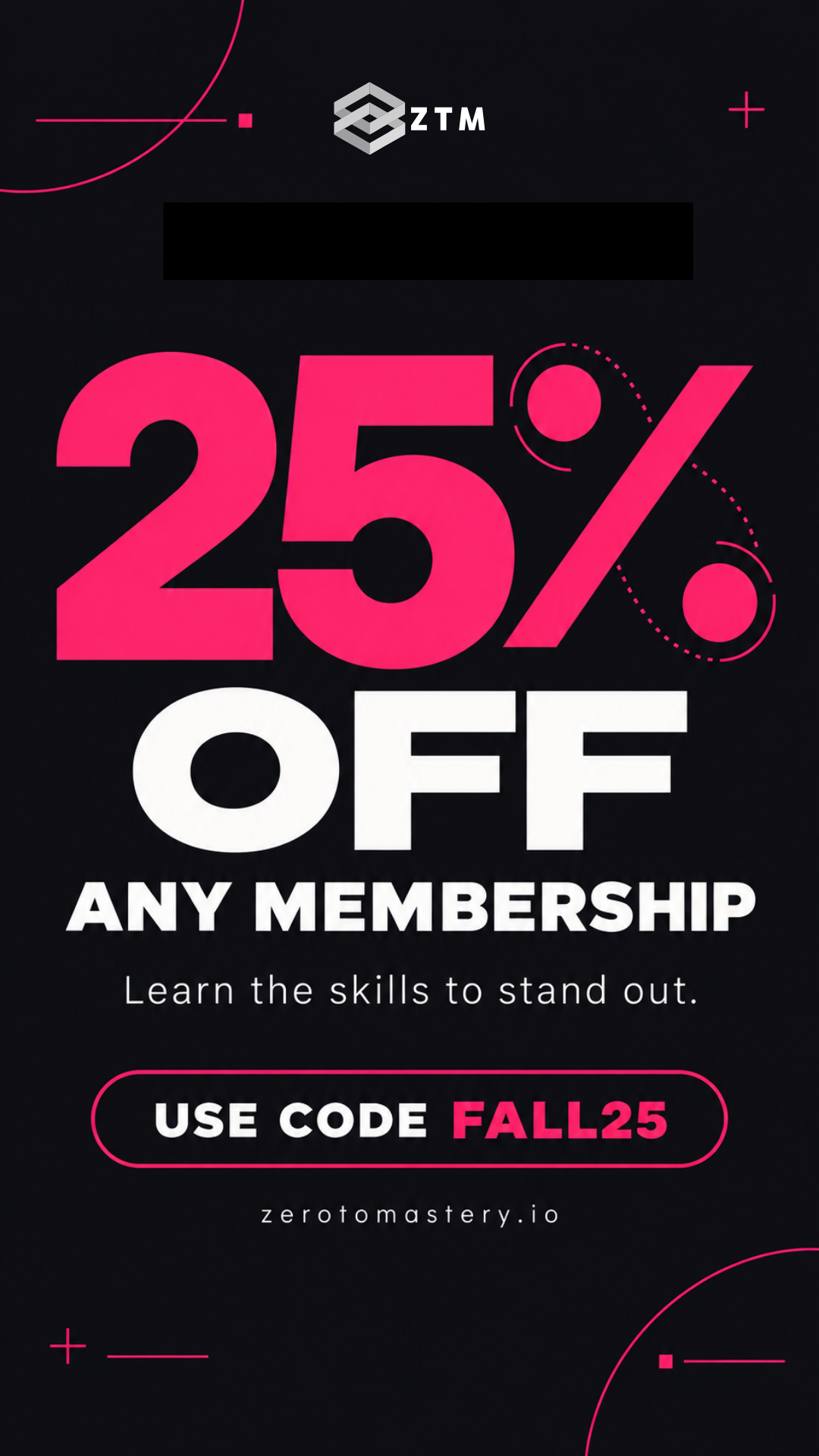 Zero To Mastery Facebook ad: 25% OFF ANY MEMBERSHIP