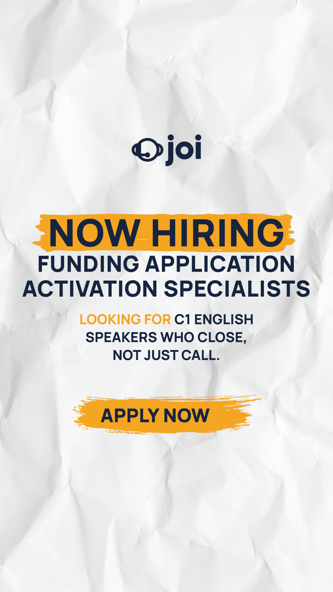 JOI Facebook ad: Now Hiring: Funding Specialists