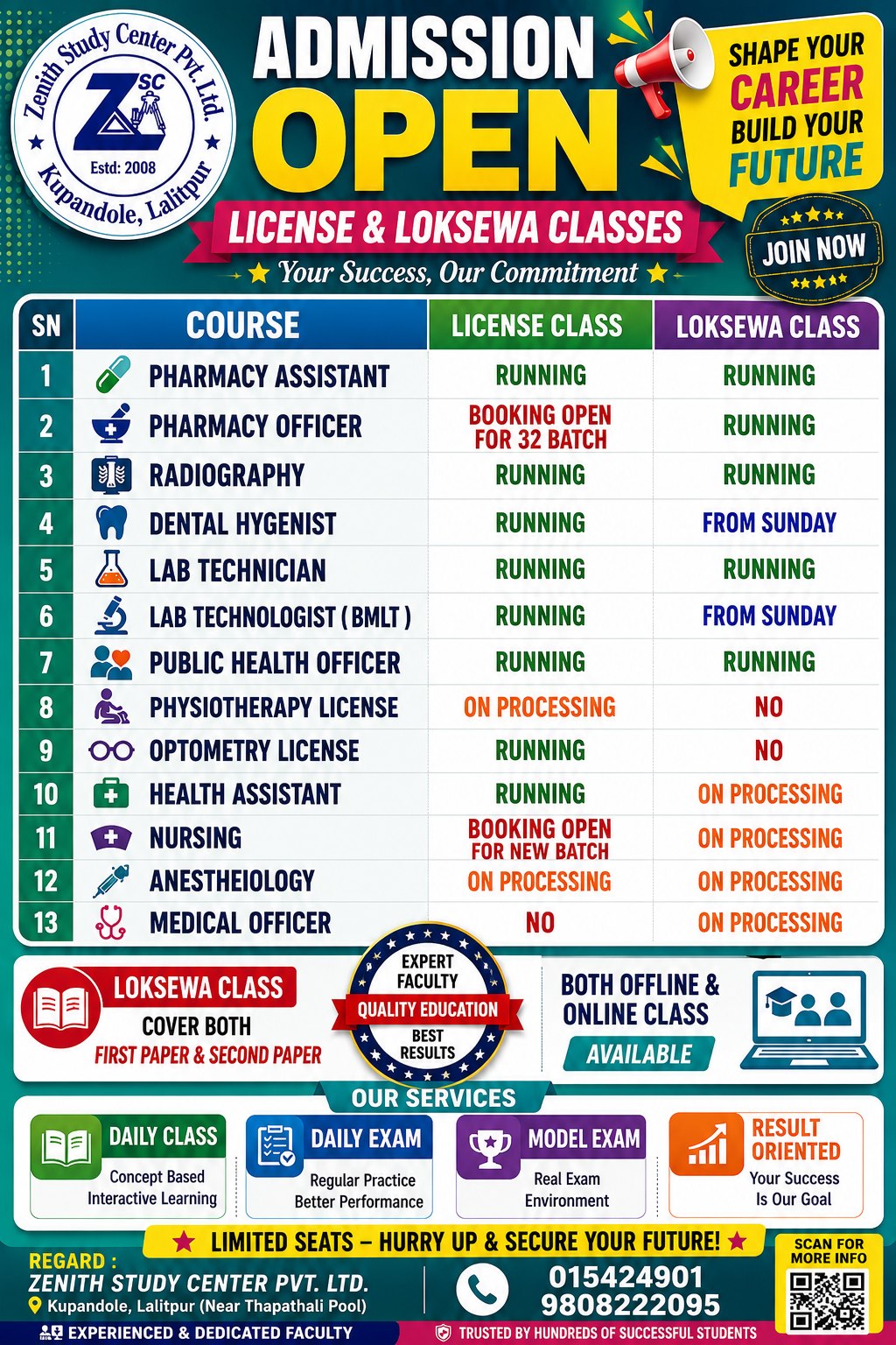 Zenith Study Center Pvt Ltd Facebook ad: ADMISSION OPEN, LICENSE & LOKSEWA PREPARATION 2026