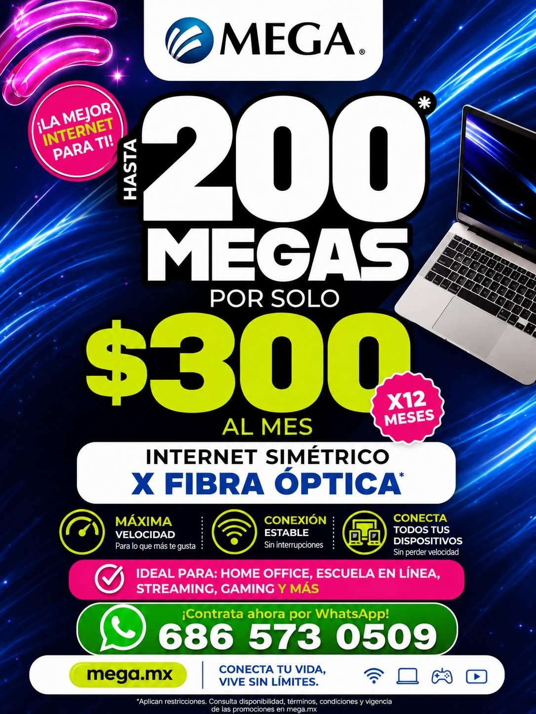 Velozmente Mega Facebook ad: Internet Simétrico Fibra Óptica (200 Megas de Velocidad)