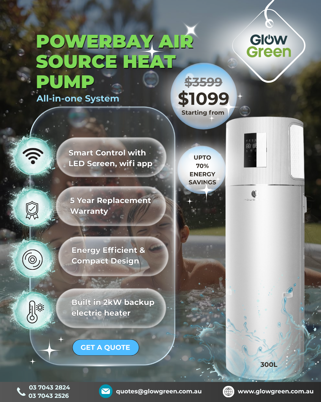 Glow Green Au Facebook ad: Powerbay 300L Heat Pump, Save Up to 75%