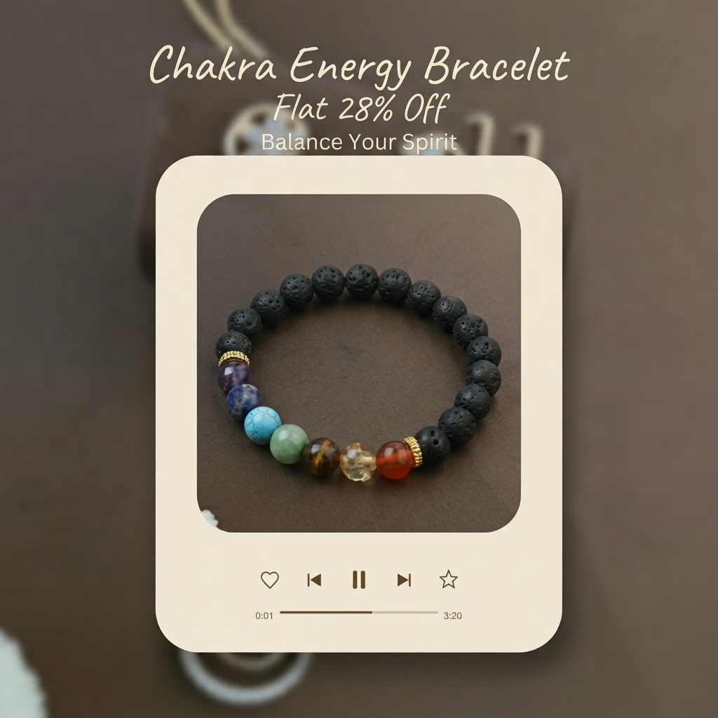 OneOm Facebook ad: Buy Multicolor Lava Crystal 7 Chakra Bracelet!