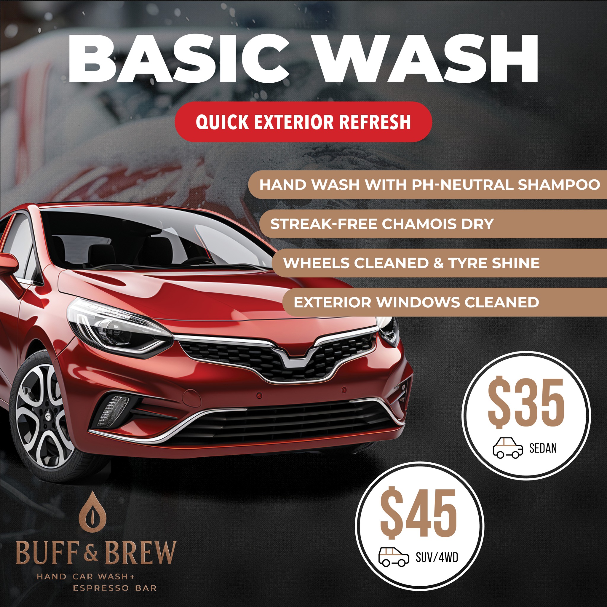 Buff & Brew Facebook ad: Your newest hand car wash service + cafe…