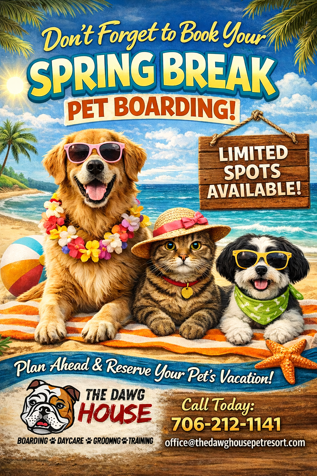 The Dawg House Grooming Boarding Daycare Facebook ad: Spring Break is coming up fast!