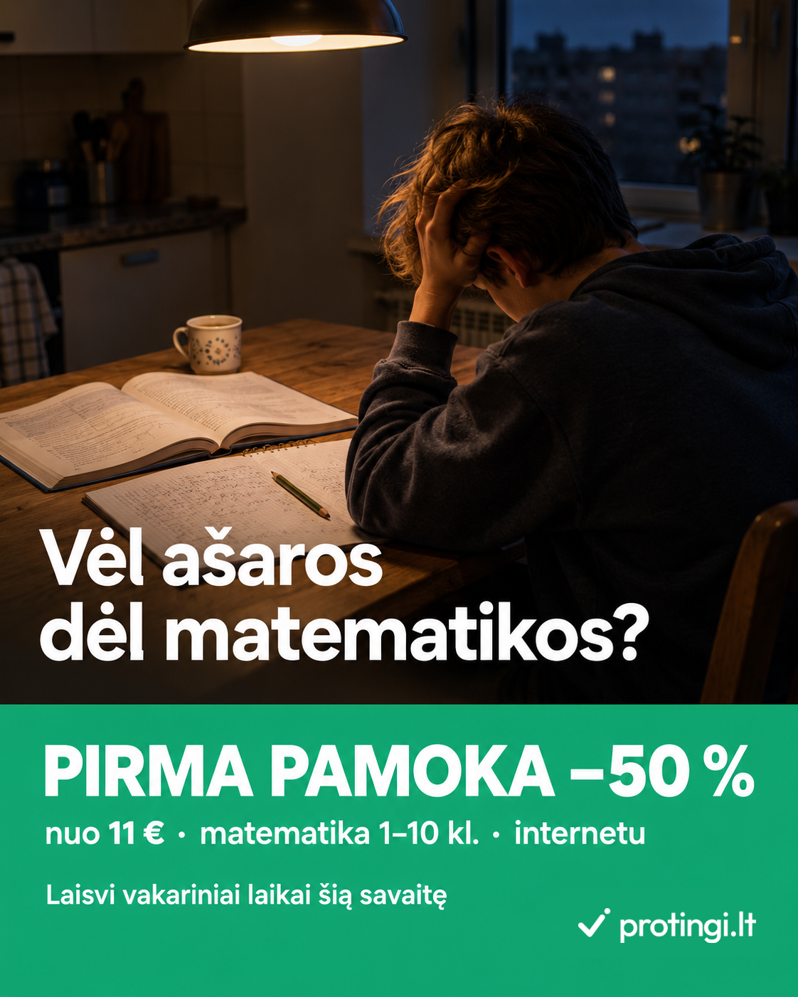 Protingi.lt - Korepetitoriai Facebook ad: Matematikos korepetitorius internetu, pirma pamoka nuo 11 €