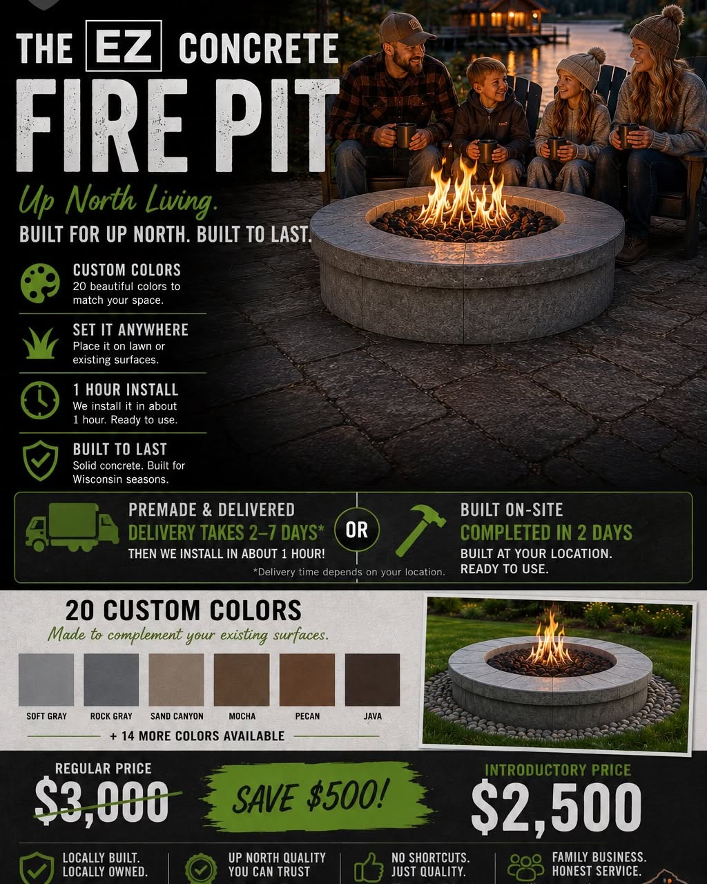 Spencer Main Facebook ad: Concrete Fire Pit Installed in 1 Hour | $500 OFF