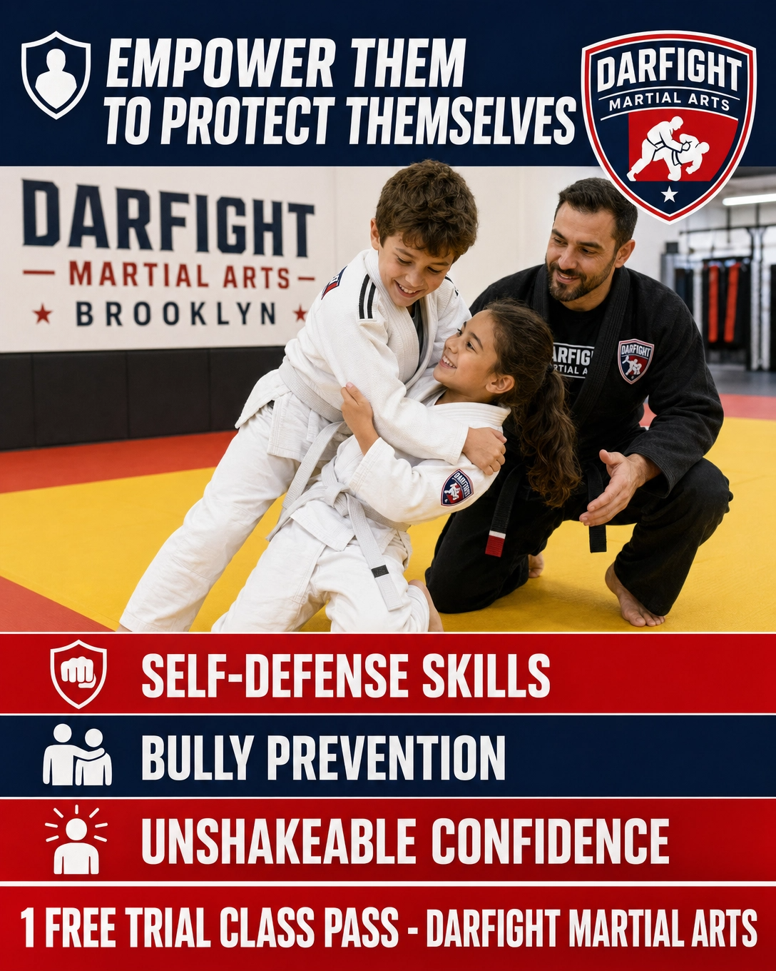 Darfight Facebook ad: Want a FREE Kids Martial Arts Trial Class Pass?