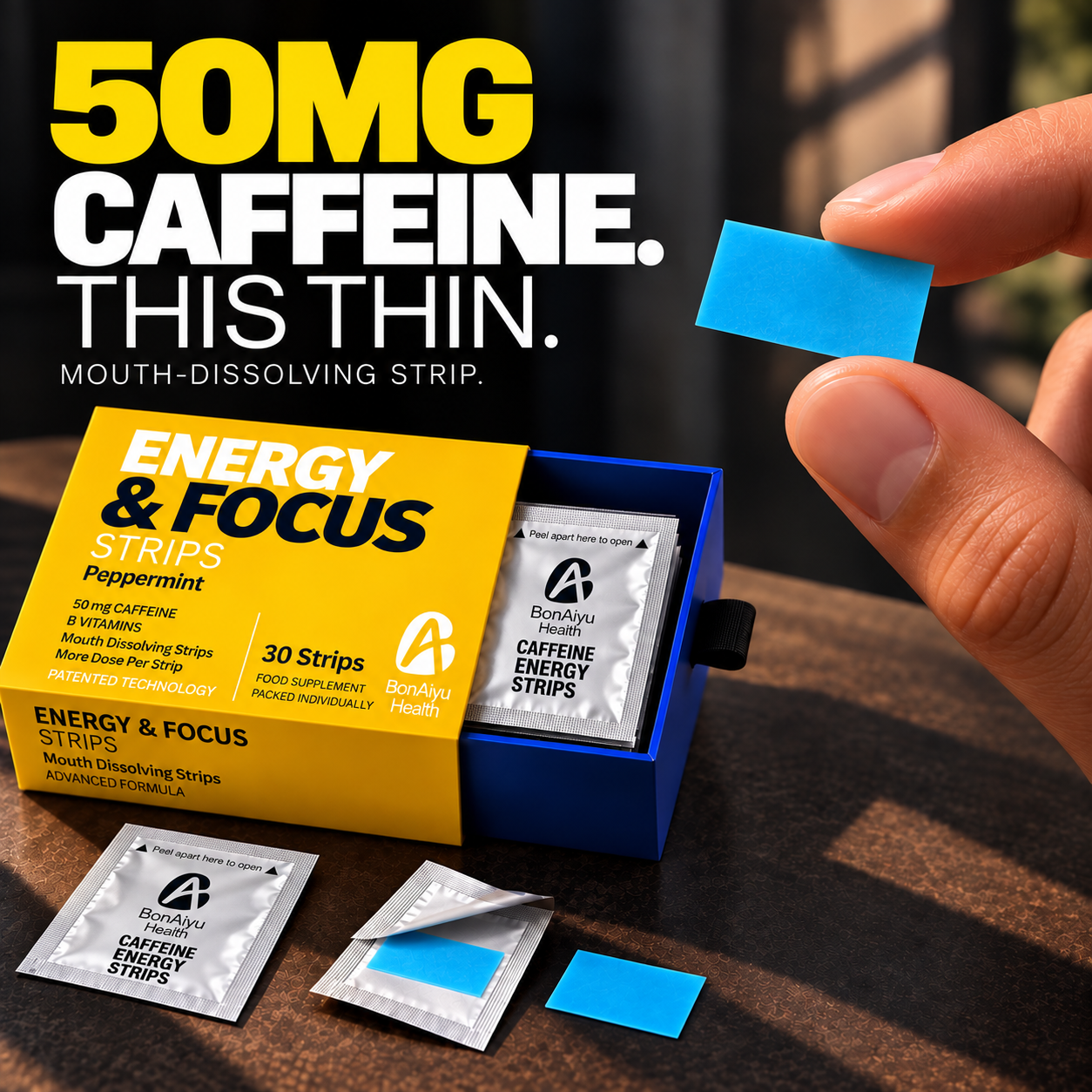 BonAiyu Health Facebook ad: 50mg Caffeine. In a Strip.