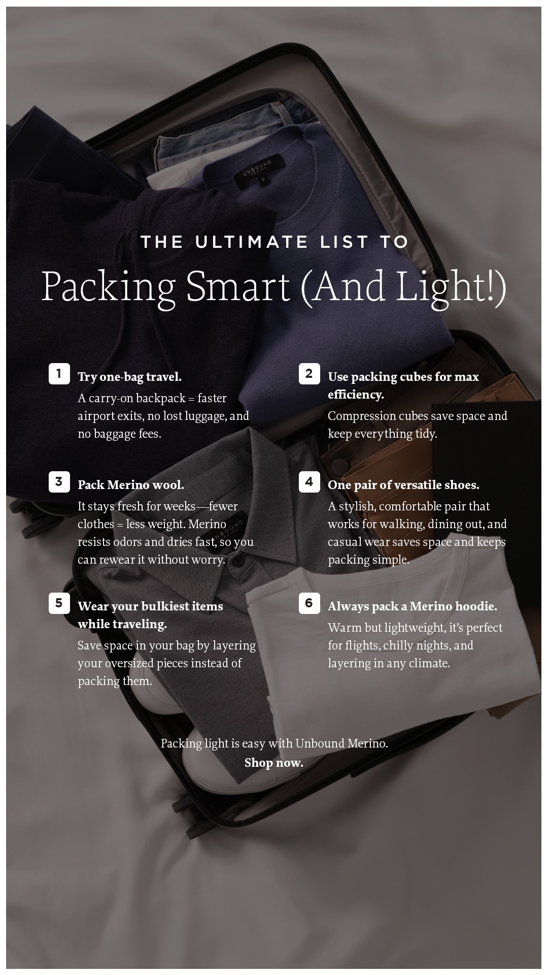 Unbound Merino Facebook ad: Pack Less. Travel More.