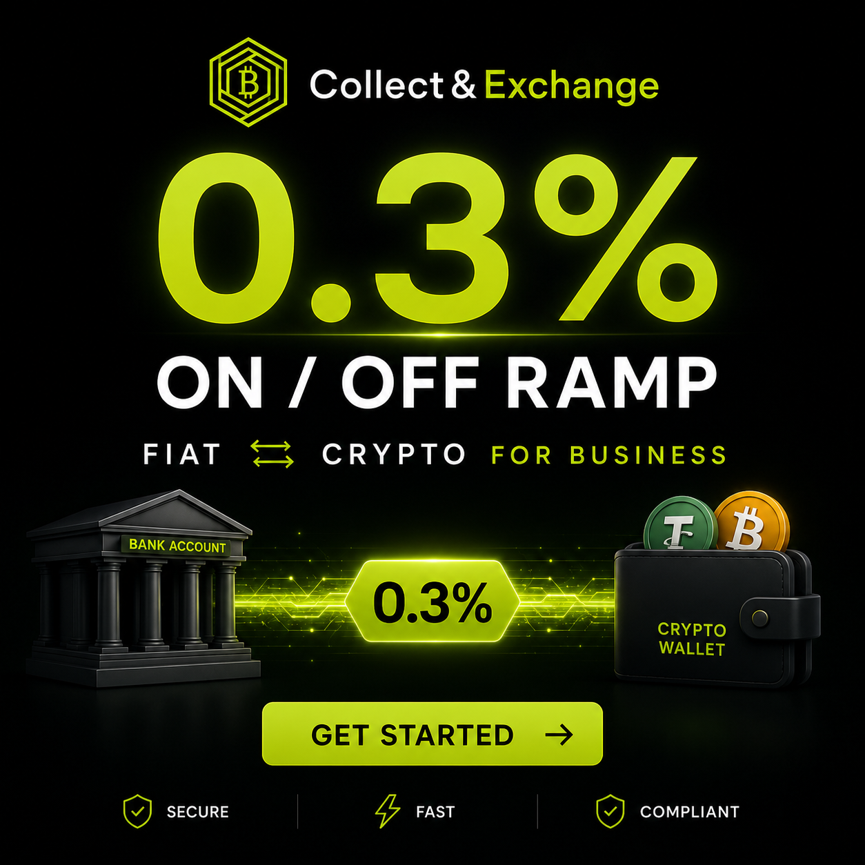 Collect Properties Facebook ad: Fiat to Crypto at 0.3%