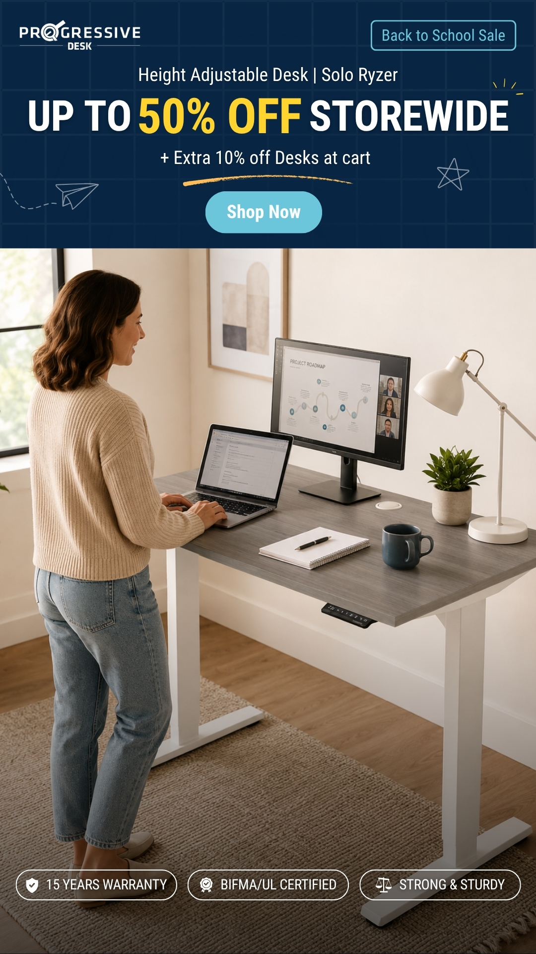 Progressive Desk Facebook ad: Back to School, Up to 50% Off