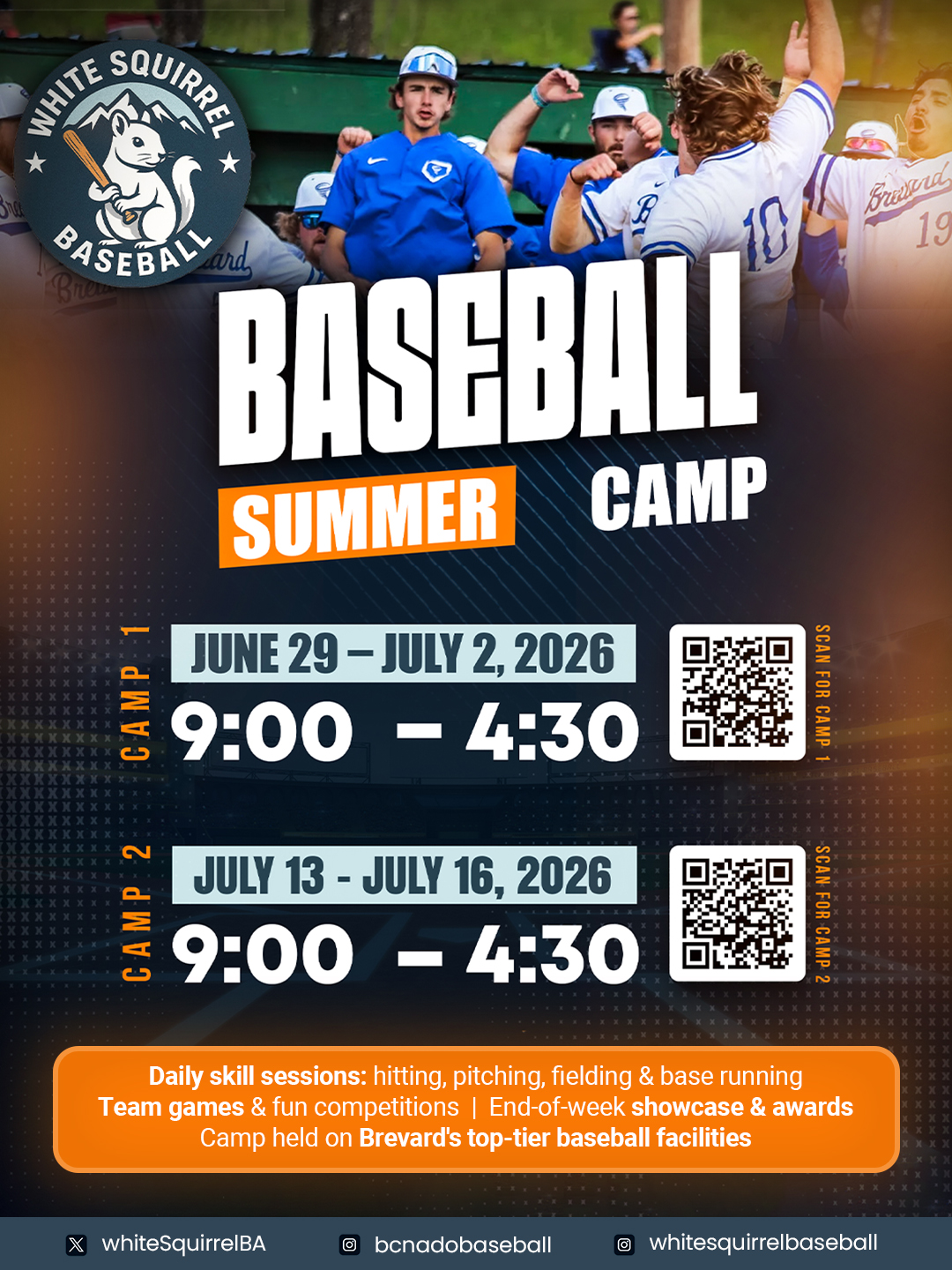White Squirrel Baseball Academy Facebook ad: Youth Baseball Camps Open Now