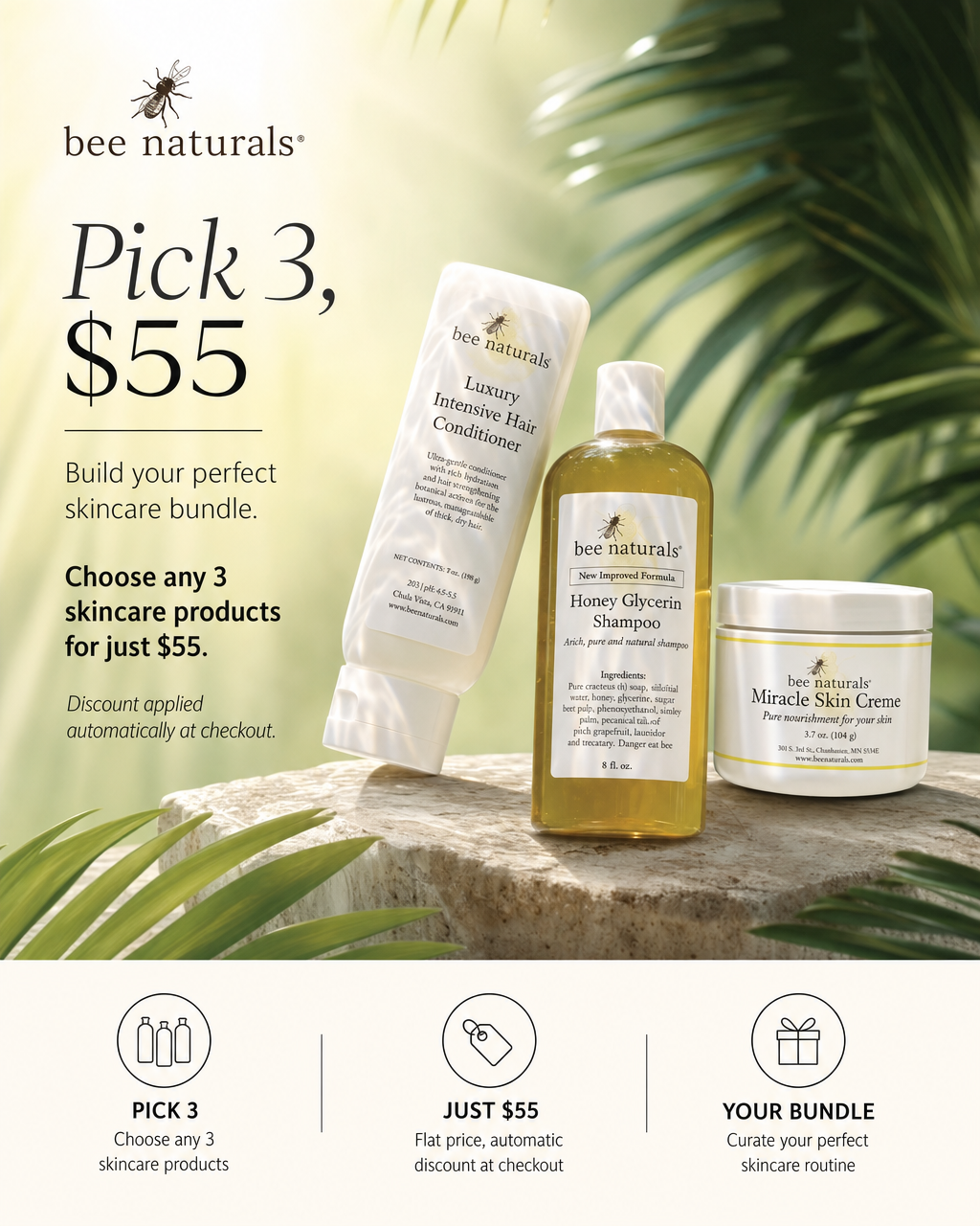 Bee Naturals Facebook ad: Any 3 Skincare Products for $55
