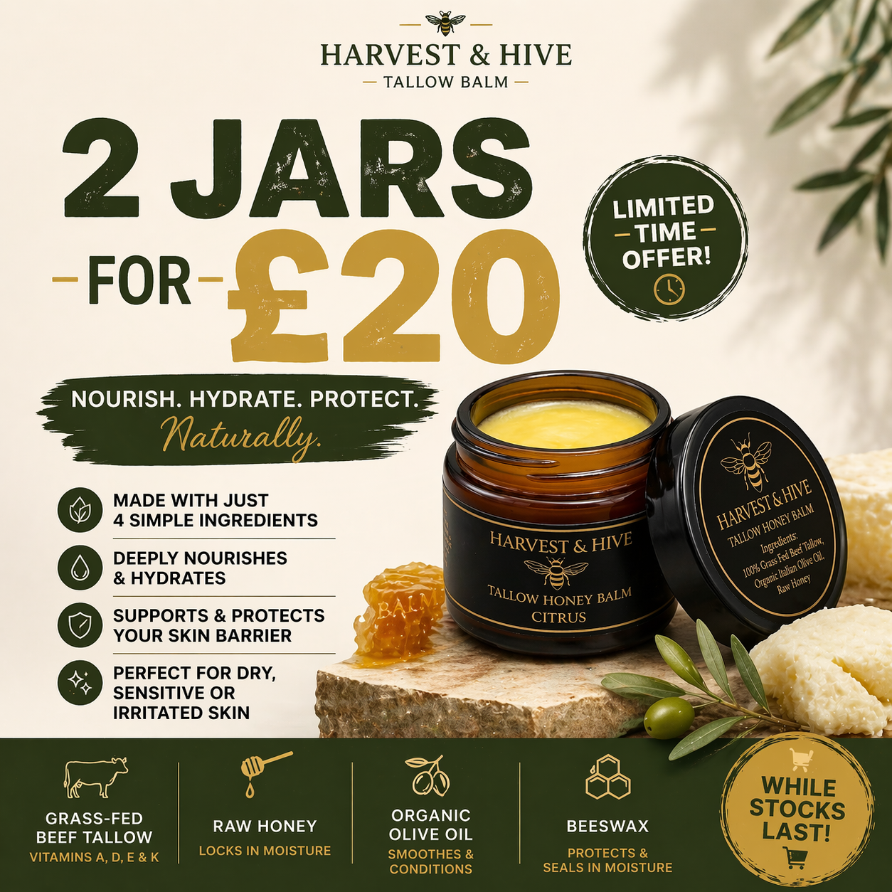 Harvest & Hive Facebook ad: Say Goodbye to Chemicals, Hello to Glow