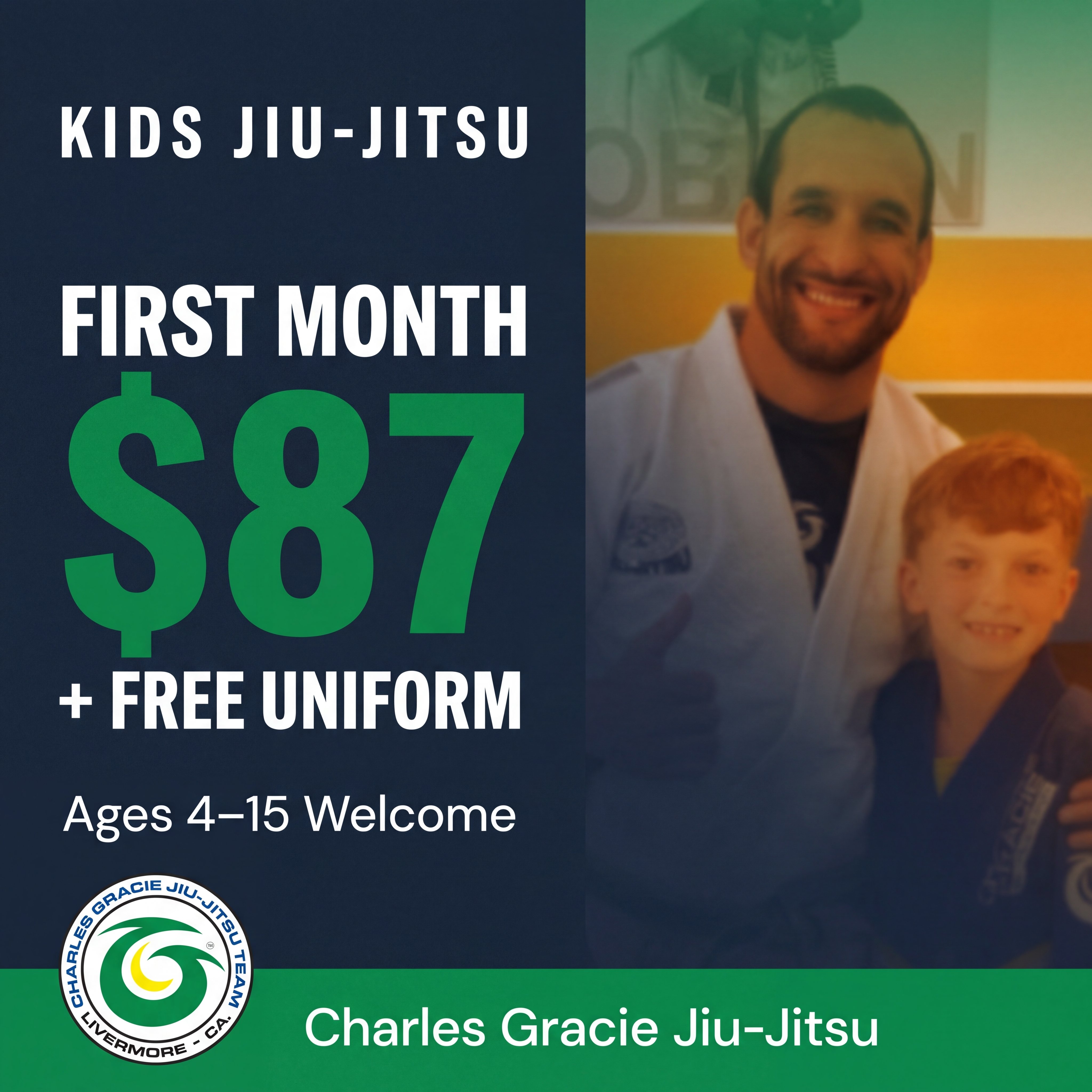 Charles Gracie Jiu-Jitsu Academy Livermore Facebook ad: First Month $87 + Free Uniform