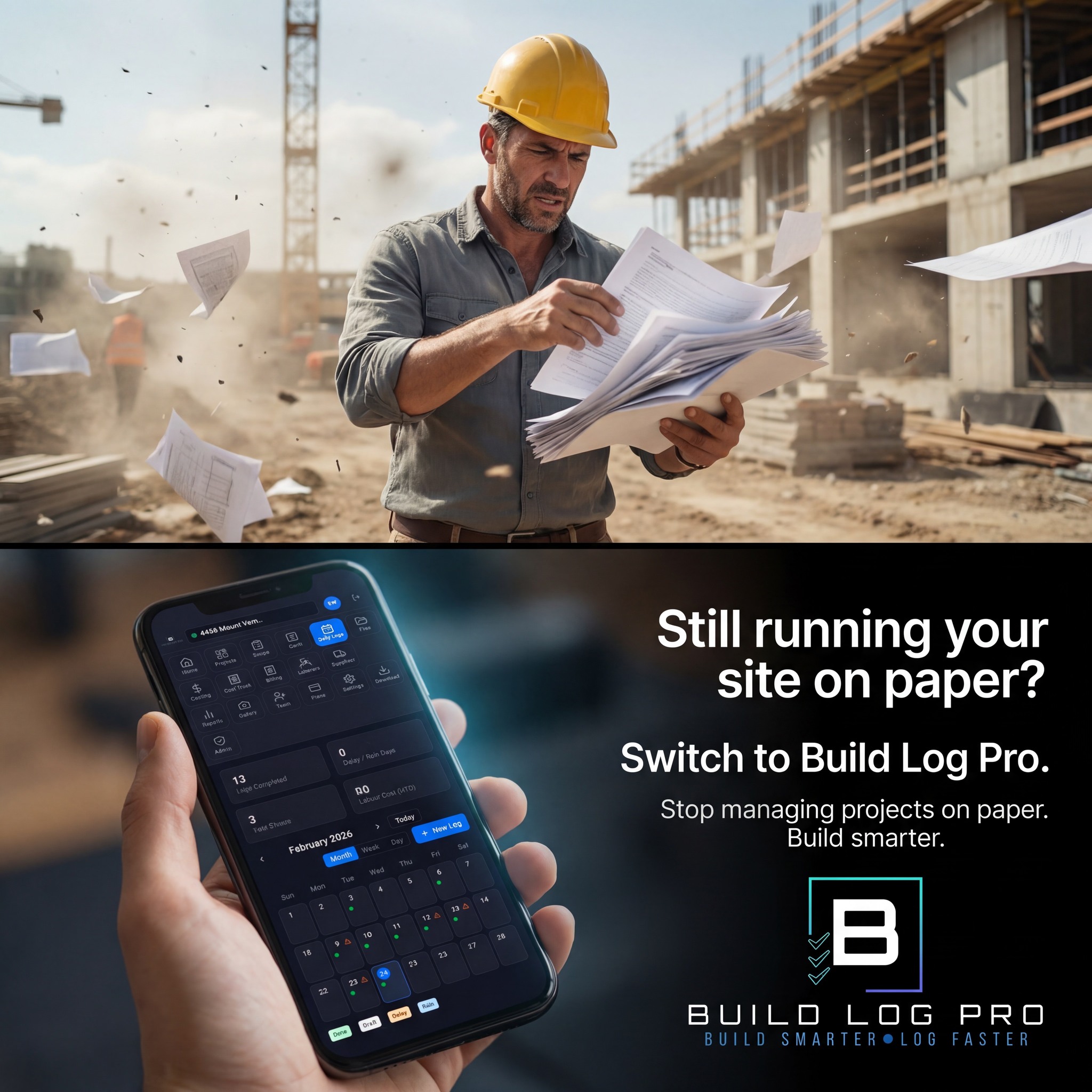 New Build Log Facebook ad: Construction management software for serious builders.