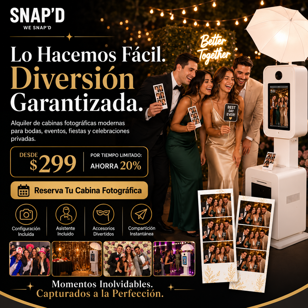 Snap’d - Photo-Booth Rental Facebook ad: Cabina de fotos al aire libre desde $299