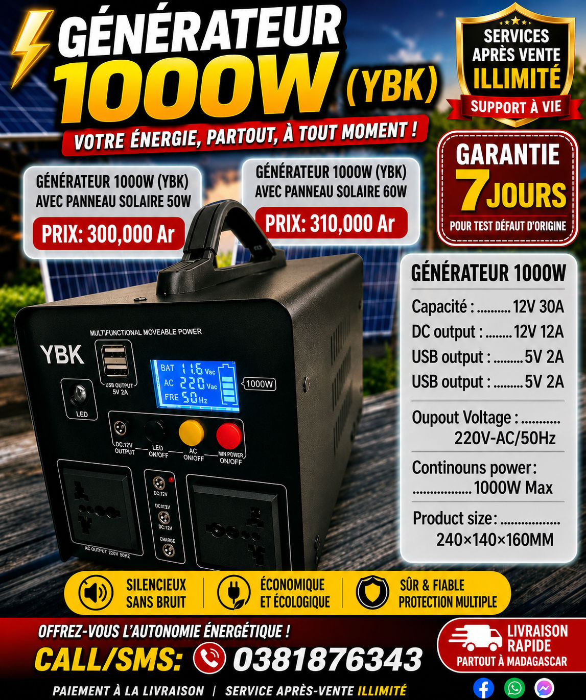 Mi finday Mada Facebook ad: GÉNÉRATEUR ÉLECTRIQUE PORTABLE YBK 1000W