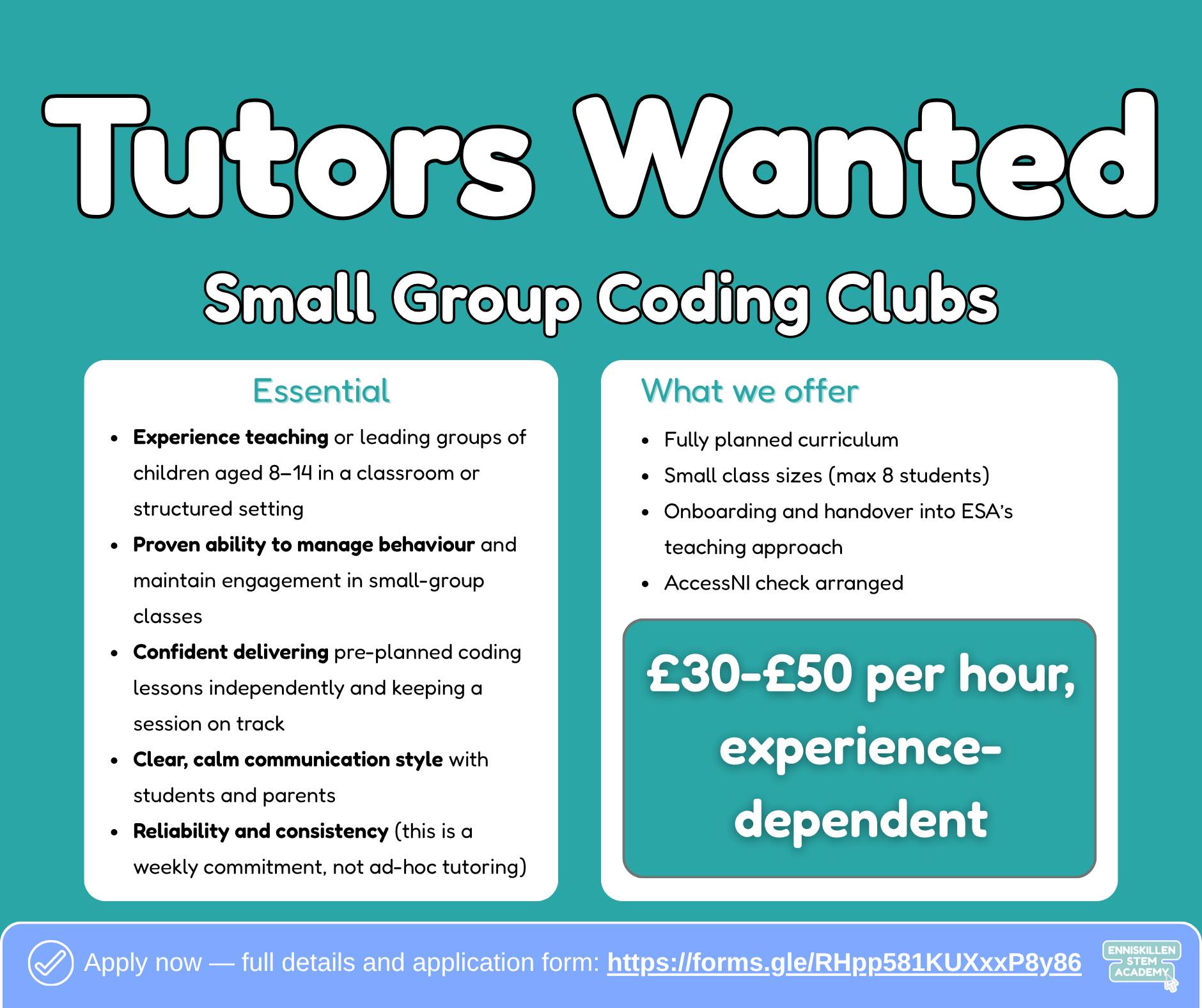 Enniskillen STEM Academy Facebook ad: We're hiring tutors!