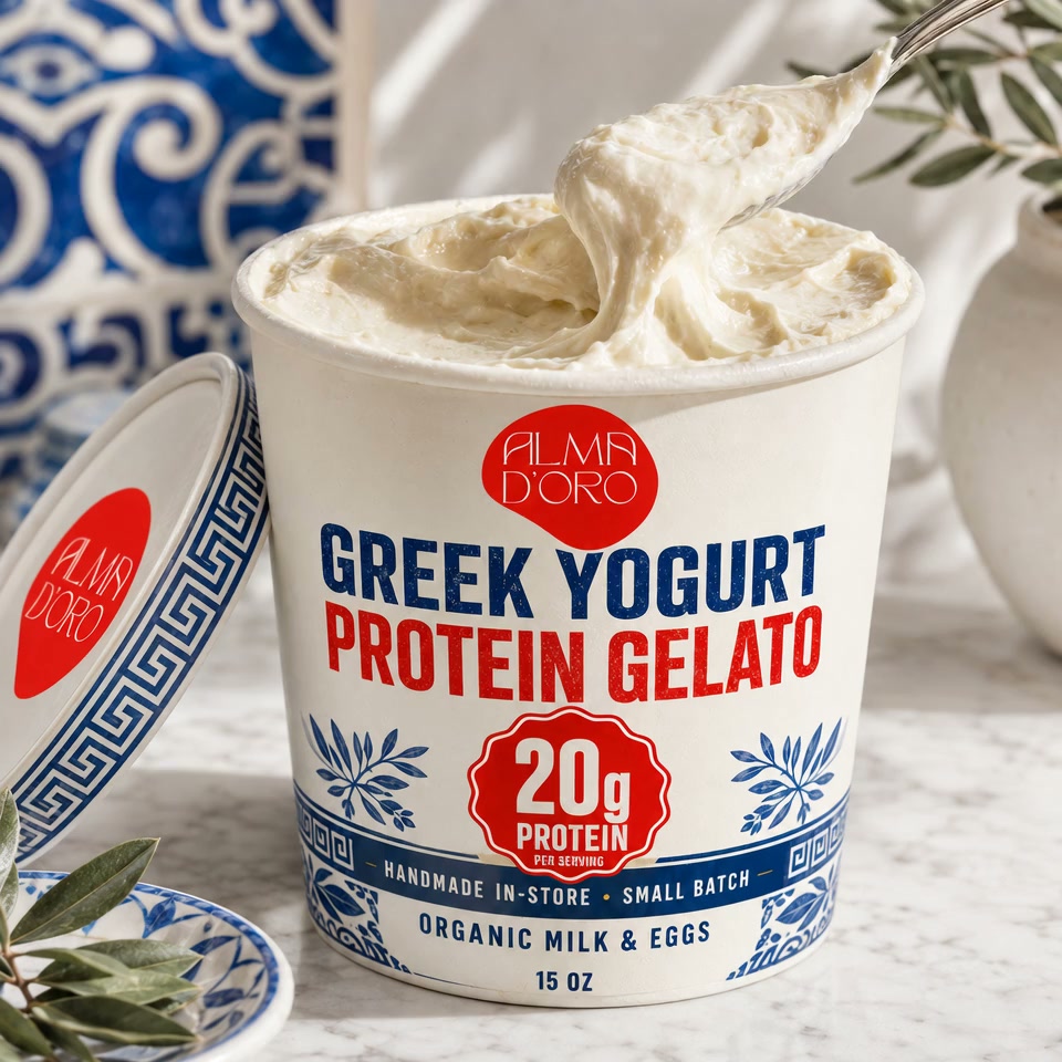 Alma D'Oro Facebook ad: Gelato, With 20g Protein · The Greek Answer to Protein…